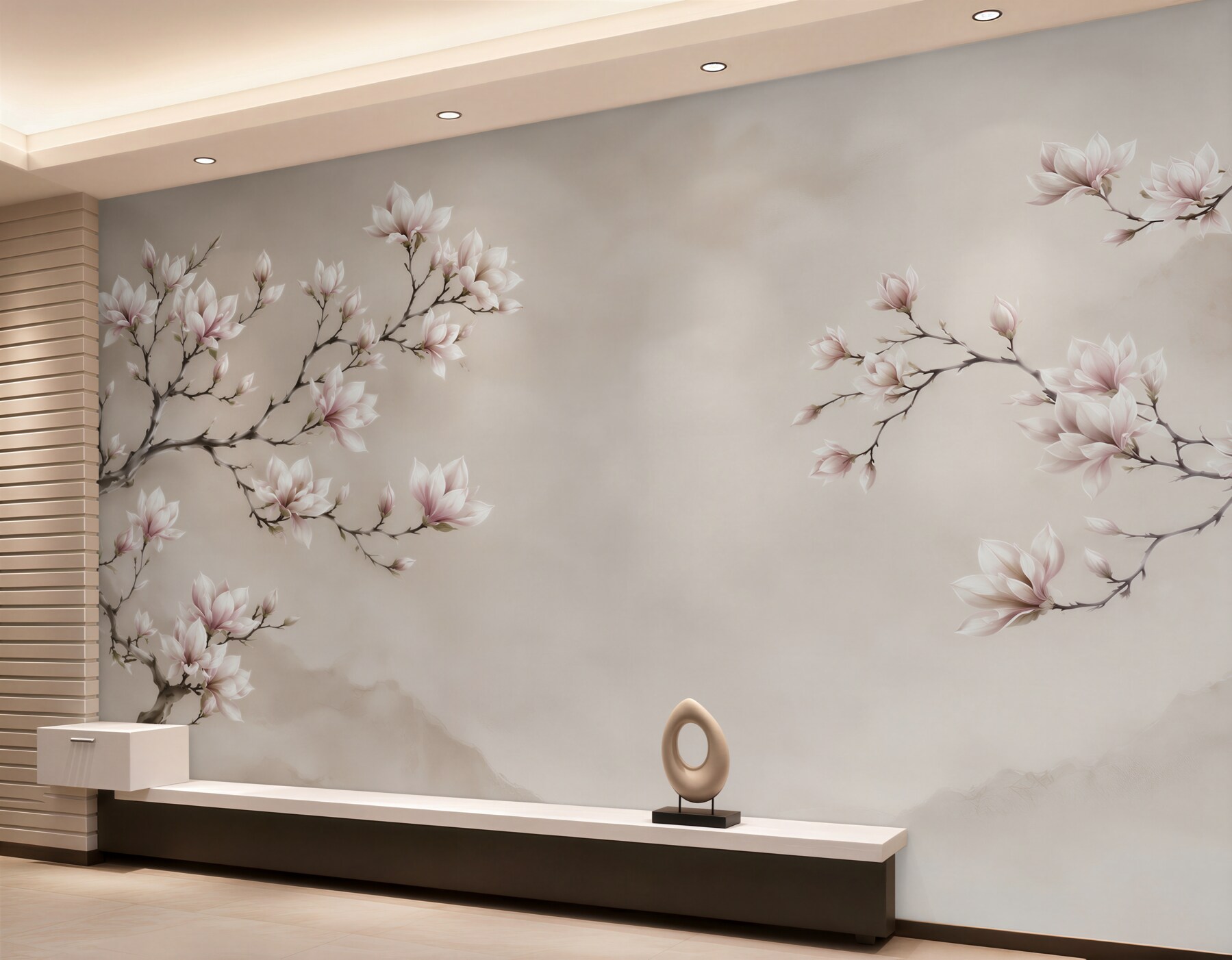 Fototapeta kwitnąca magnolia na beżowym tle w stylu orientalnym?v2345