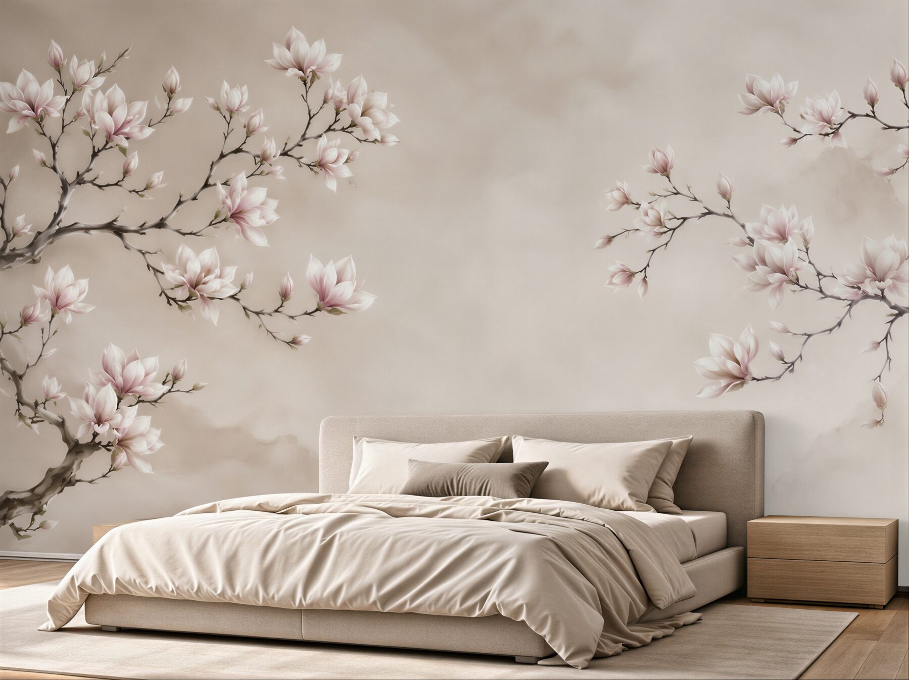 Fototapeta kwitnąca magnolia na beżowym tle w stylu orientalnym