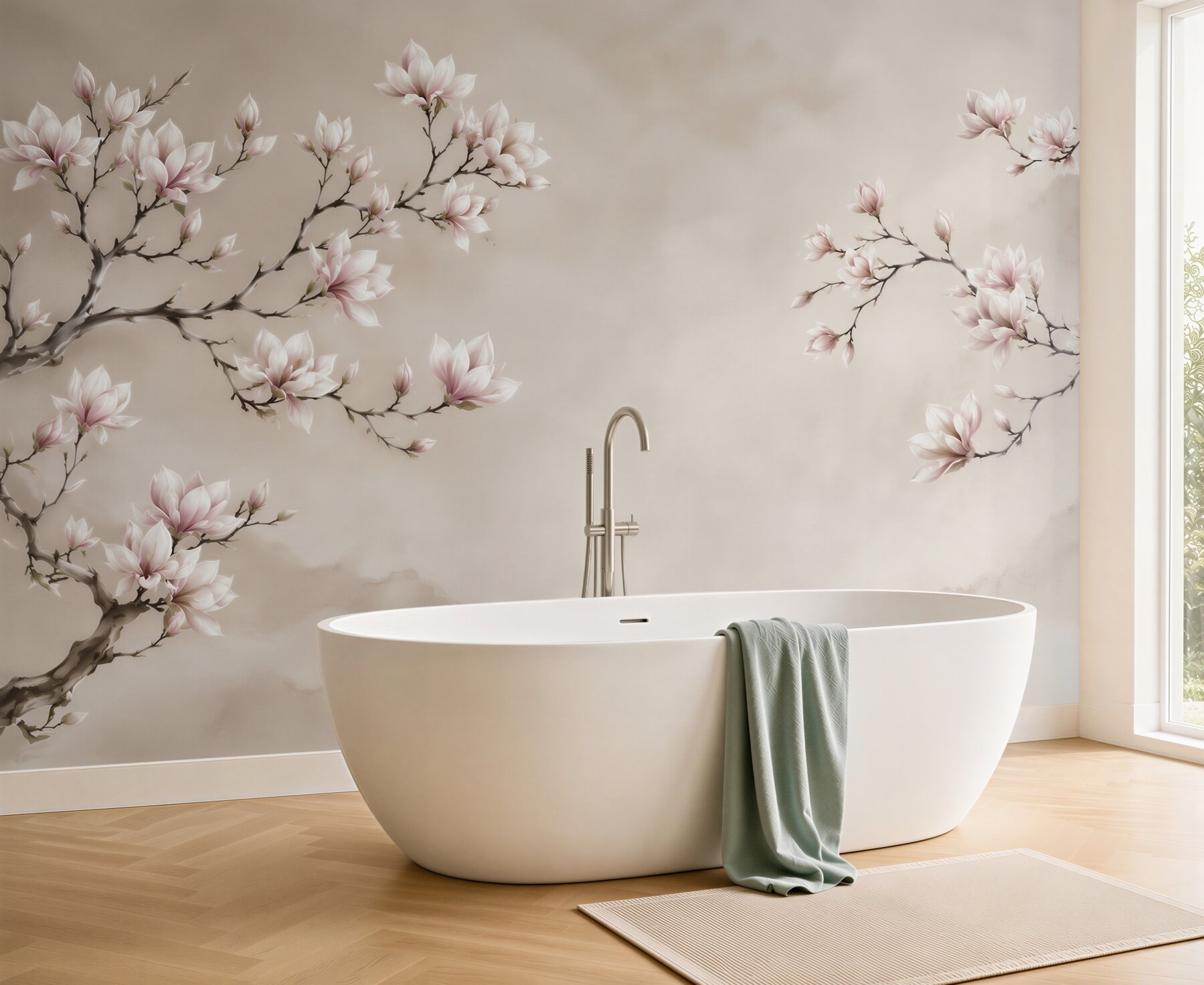 Fototapeta kwitnąca magnolia na beżowym tle w stylu orientalnym?v2345