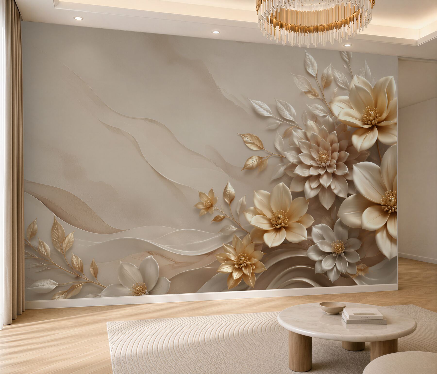 Fototapeta beżowe kwiaty 3D z delikatnymi liśćmi elegancka?v2345