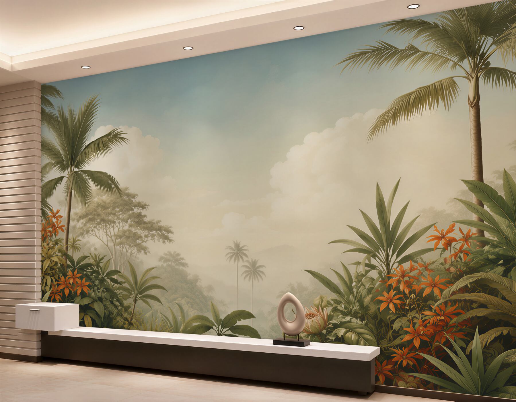 Fototapeta egzotyczna dżungla z palmami i pomarańczowymi kwiatami?v2345