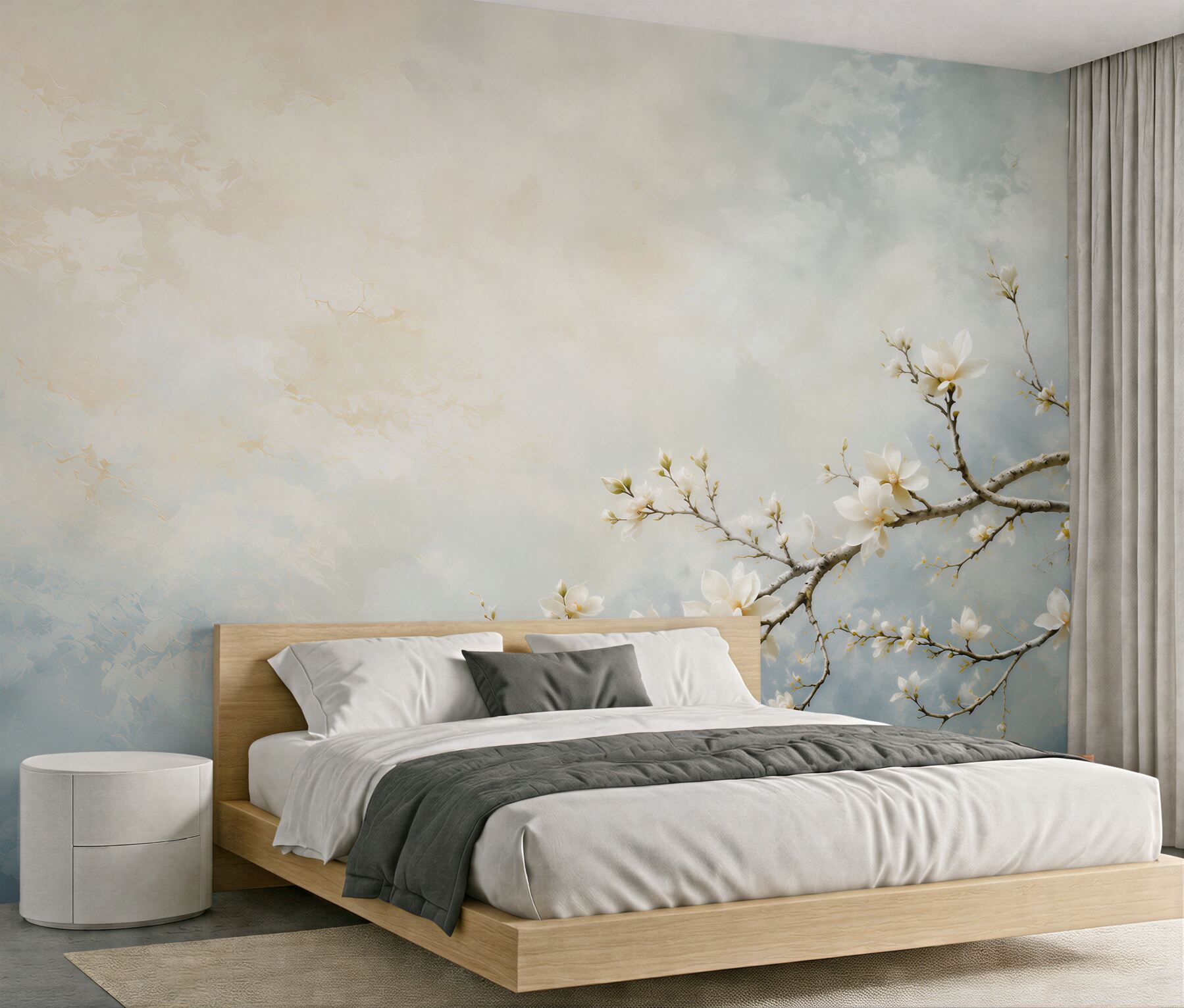 Fototapeta białe magnolie na gałęziach na błękitnym tle elegancka?v2345