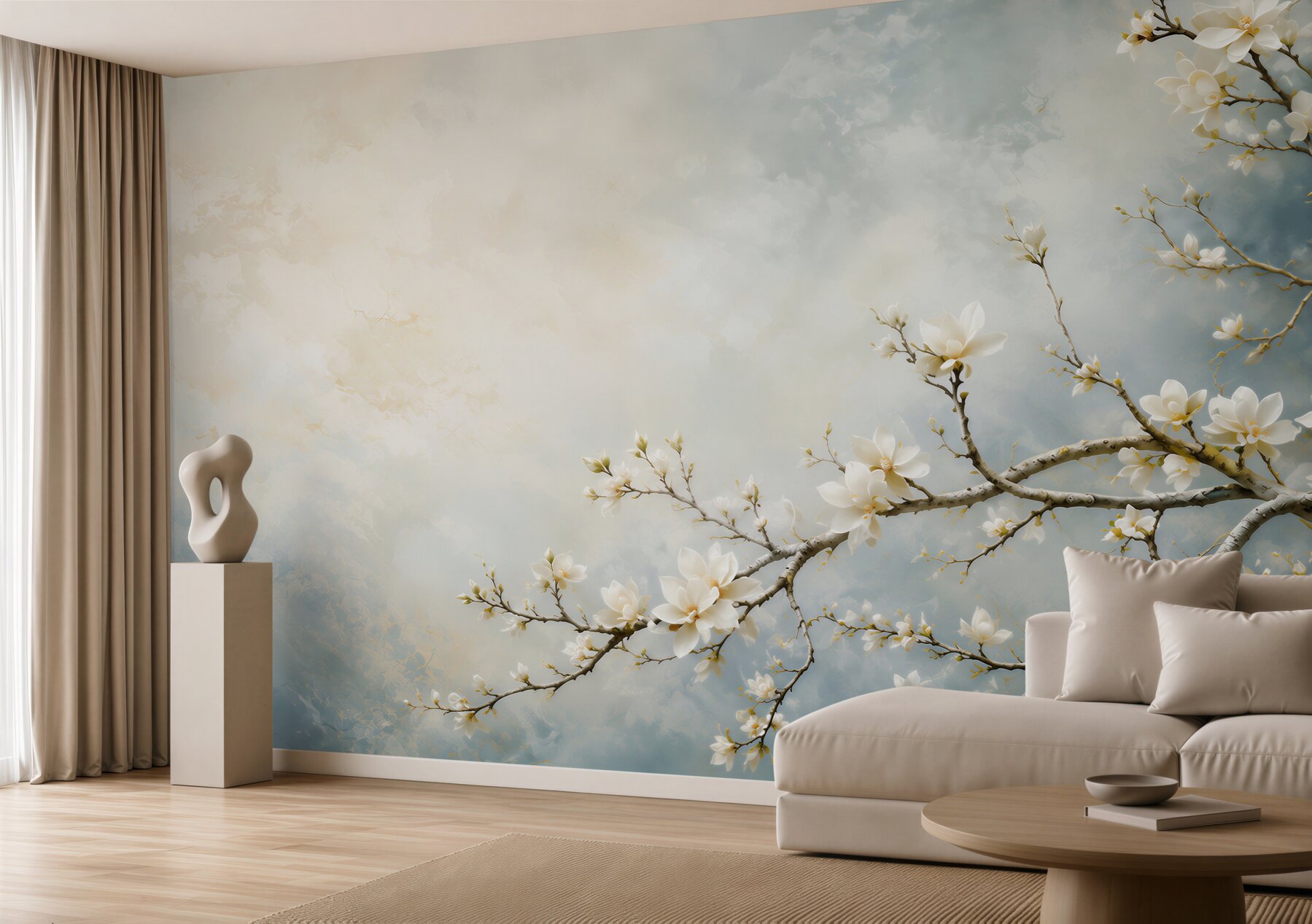 Fototapeta białe magnolie na gałęziach na błękitnym tle elegancka?v2345