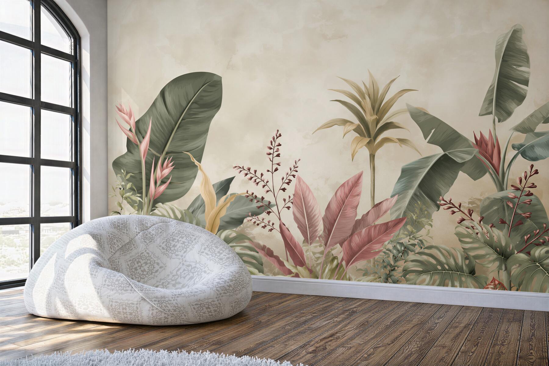 Fototapeta tropikalne liście zielone i pudrowy róż botaniczna