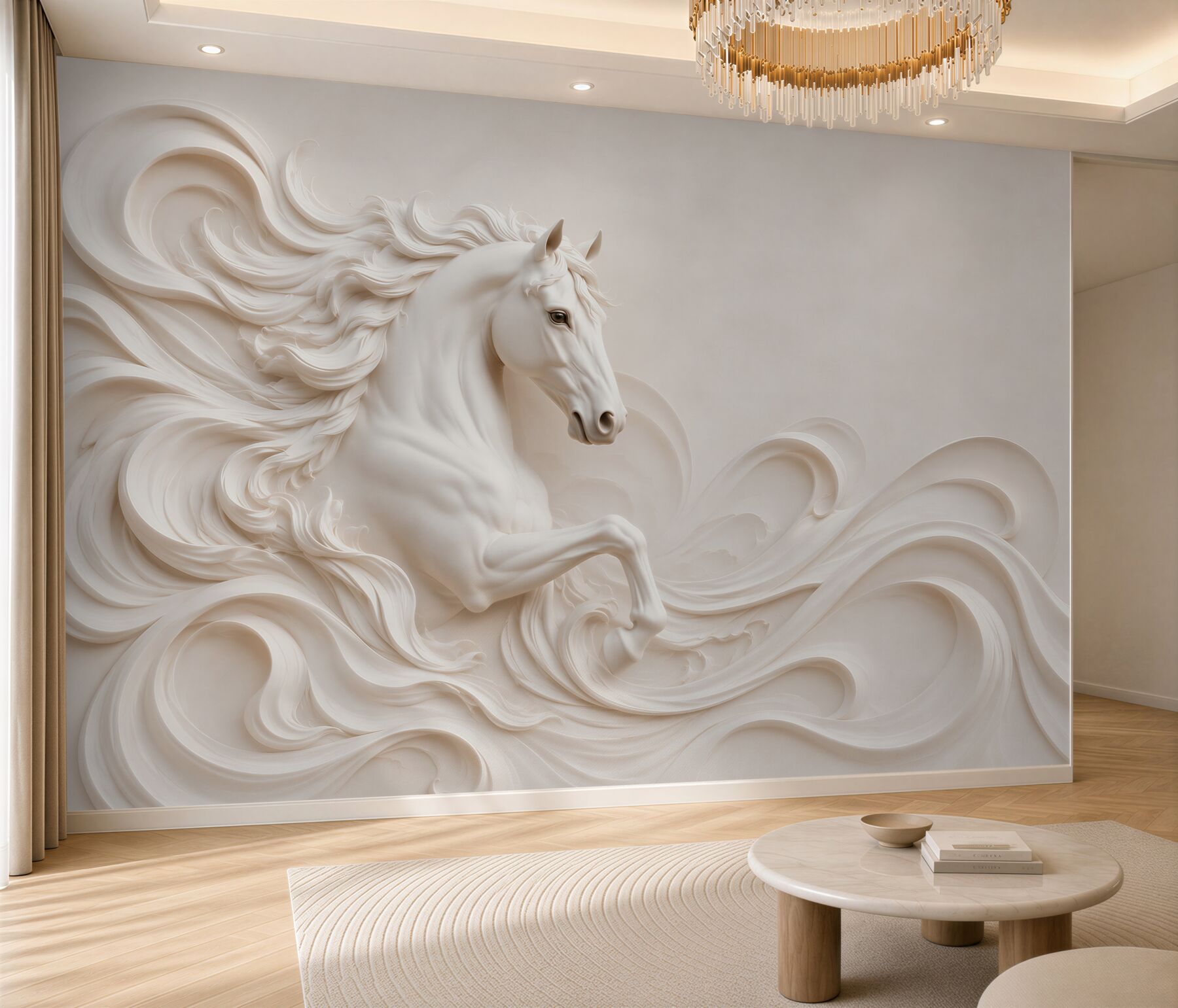 Fototapeta biały koń 3D w falach elegancka dekoracja ścienna?v2345
