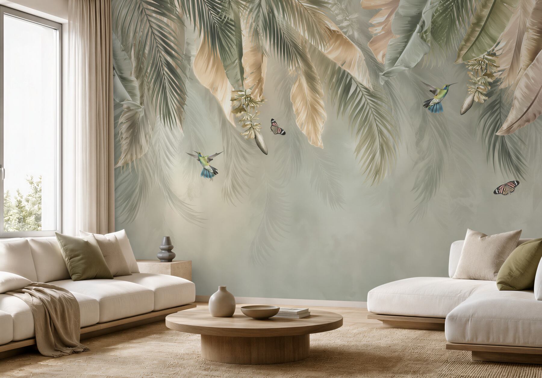 Fototapeta liście tropikalne z kolibrami w beżowo zielonej aranżacji?v2345