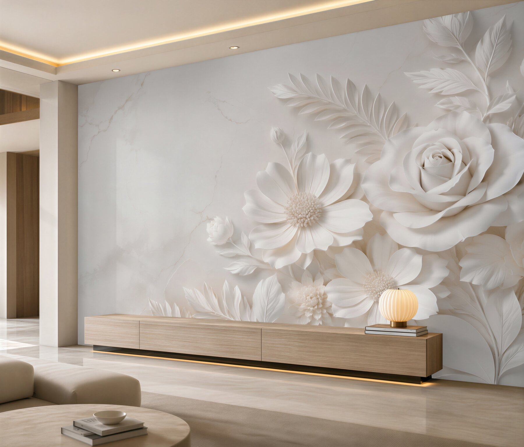 Fototapeta białe kwiaty 3D z różą elegancka beżowa?v2345