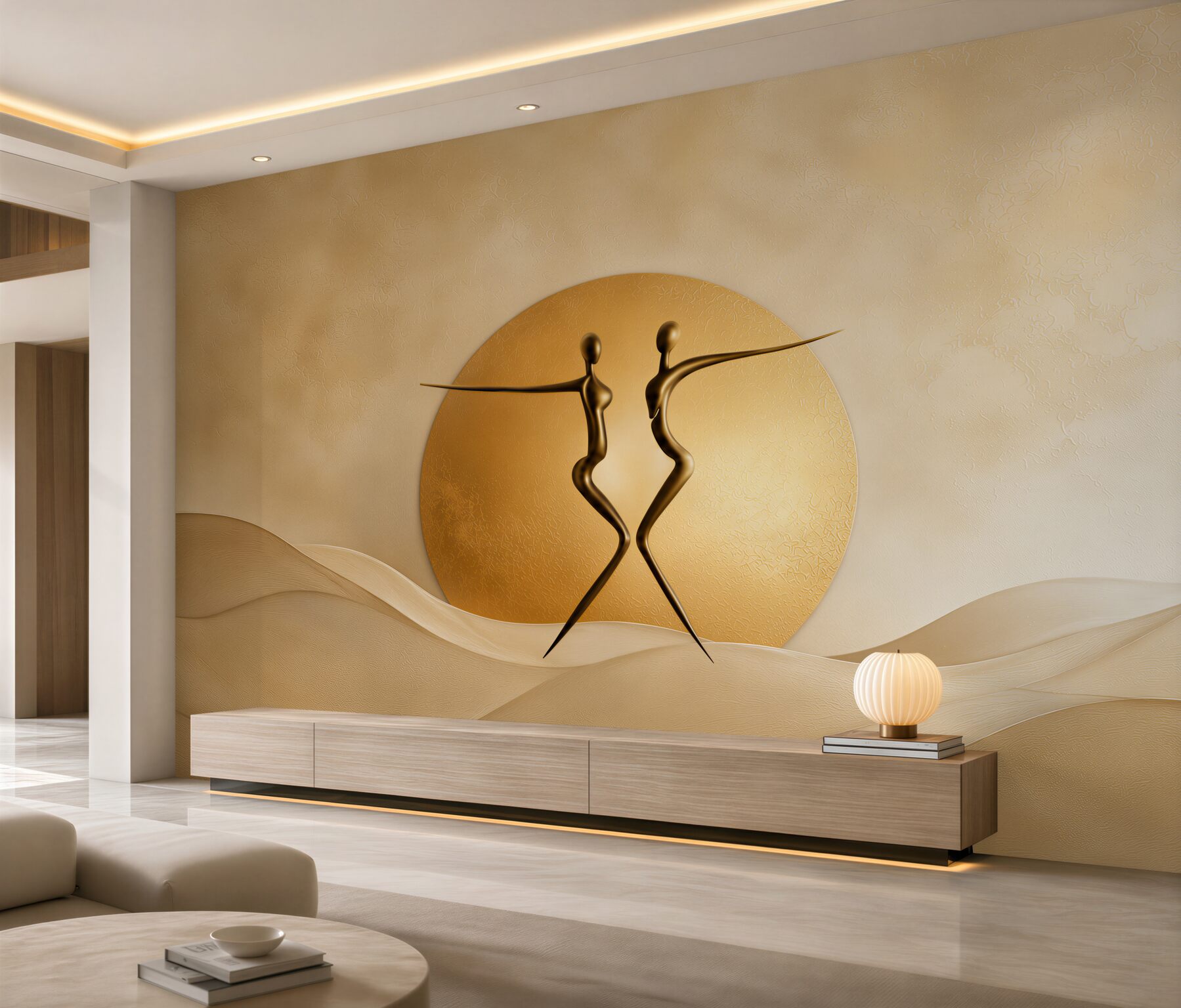 Fototapeta abstrakcyjne postacie na tle złotego koła beżowa?v2345
