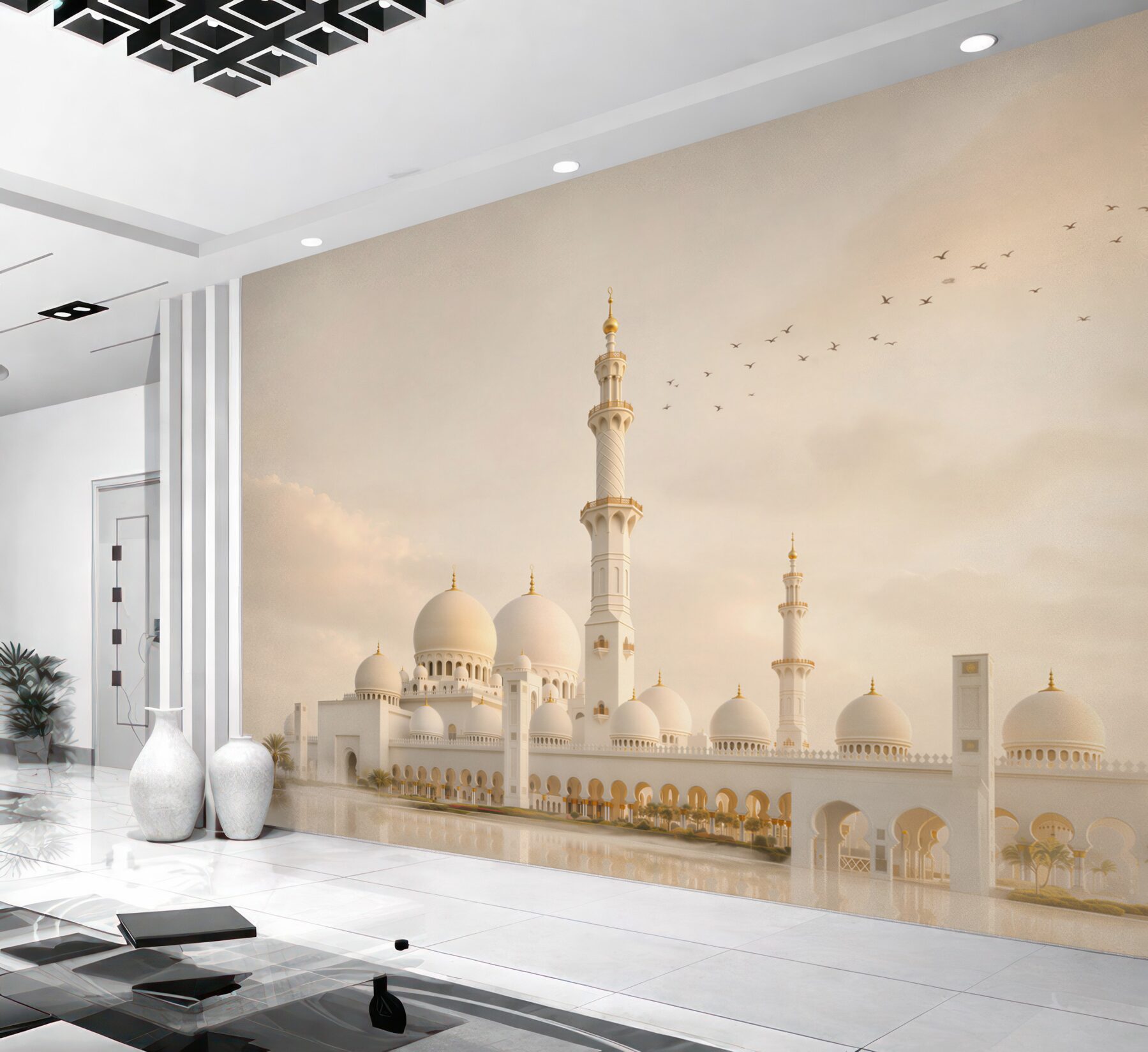 Fototapeta biała meczetowa architektura w złotej mgle elegancka panorama?v2345