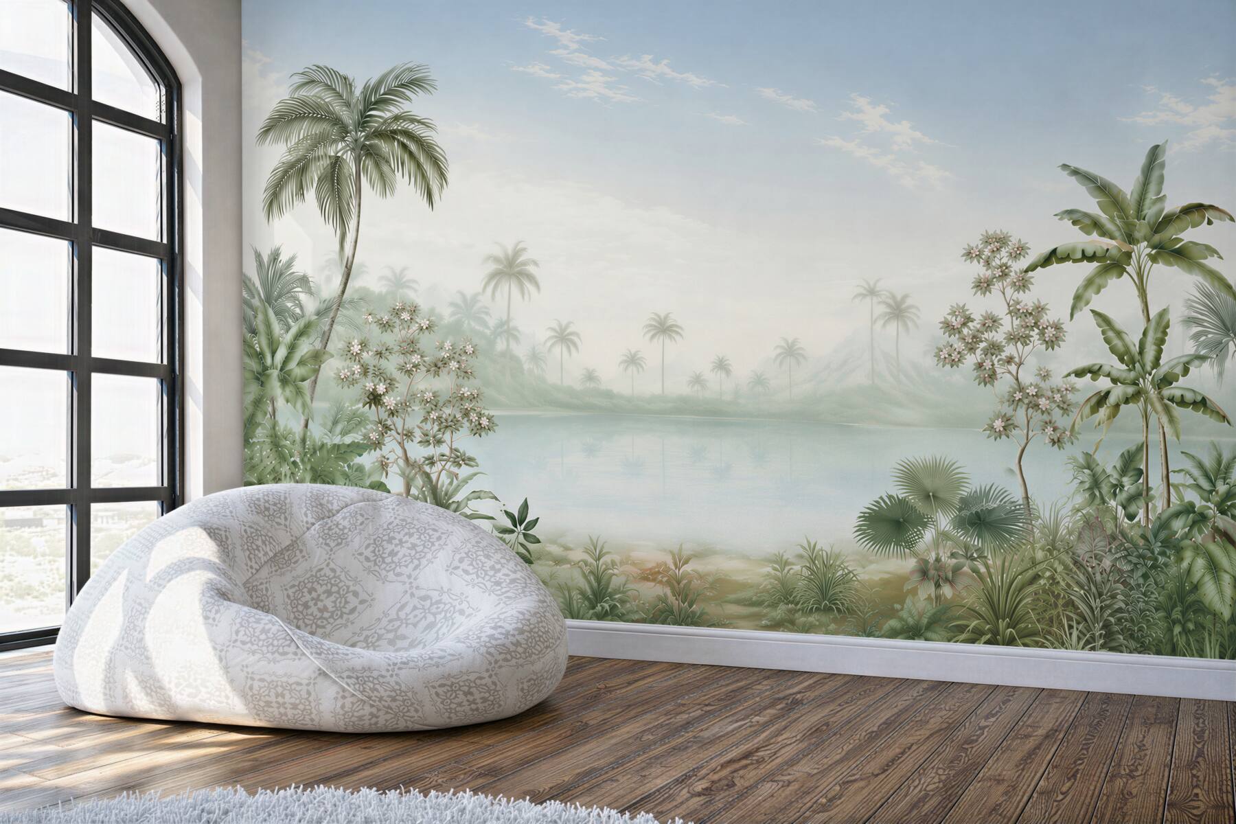 Fototapeta tropikalna laguna z palmami w pastelowej zieleni?v2345