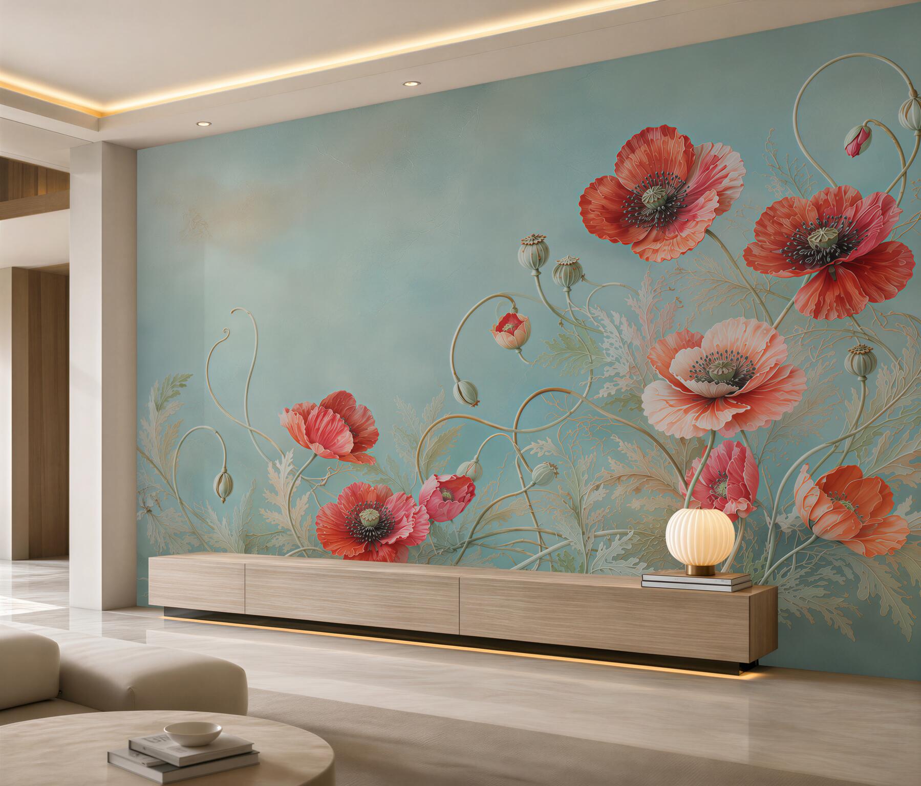 Fototapeta czerwone maki na turkusowym tle elegancka?v2345