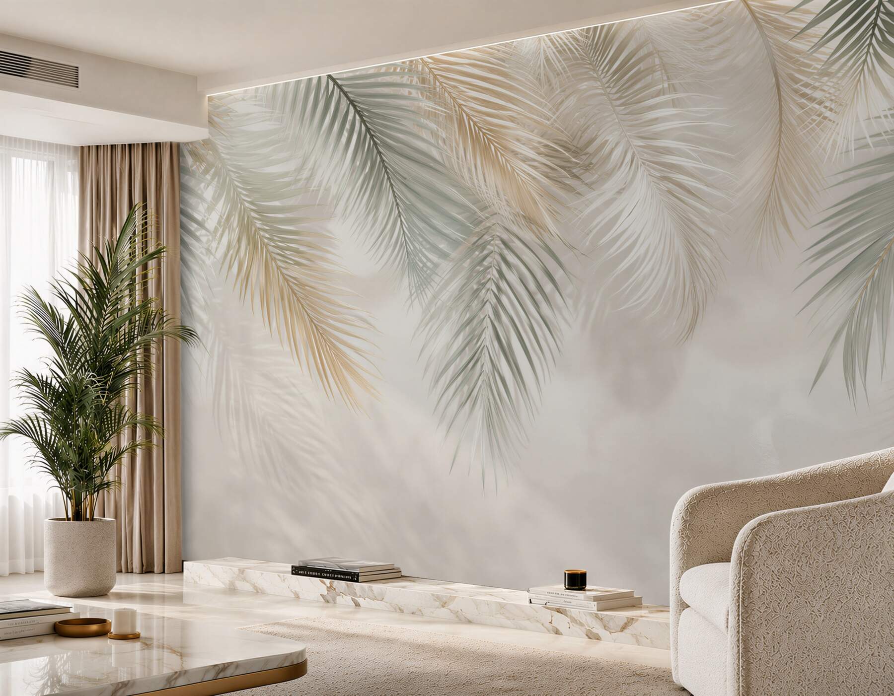 Fototapeta liście palmowe beżowo zielone delikatny styl tropical?v2345