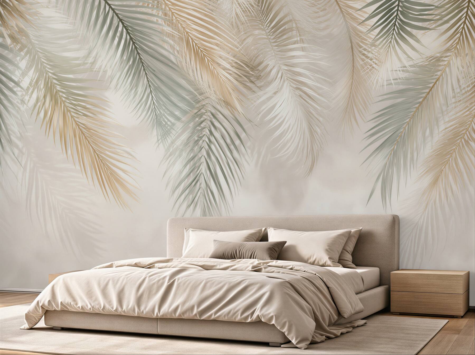 Fototapeta liście palmowe beżowo zielone delikatny styl tropical?v2345