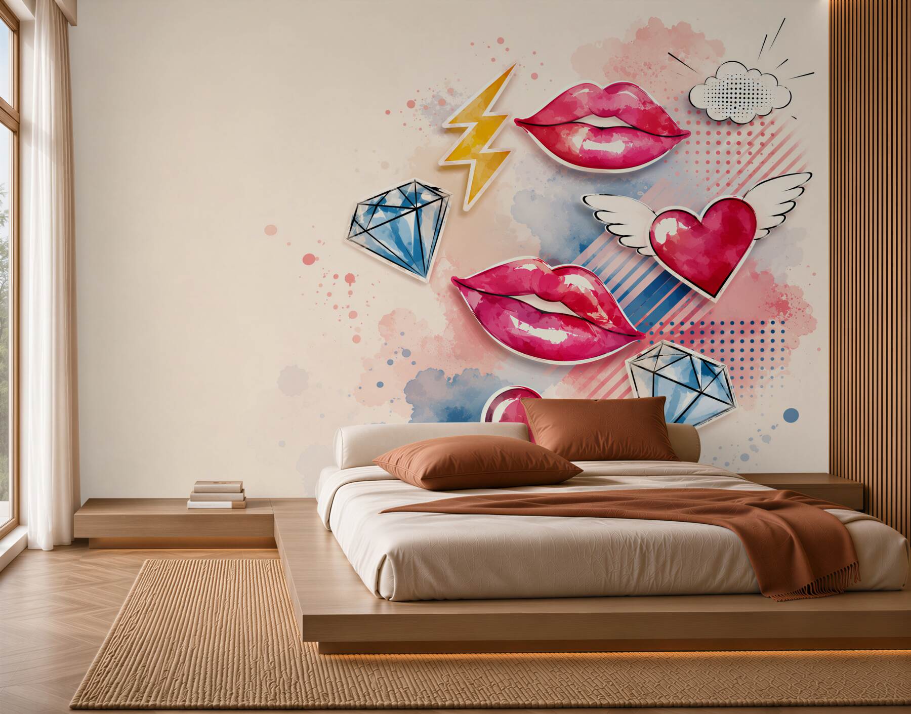 Fototapeta pop art usta serca i diamenty do nowoczesnego pokoju dziewczynki?v2345