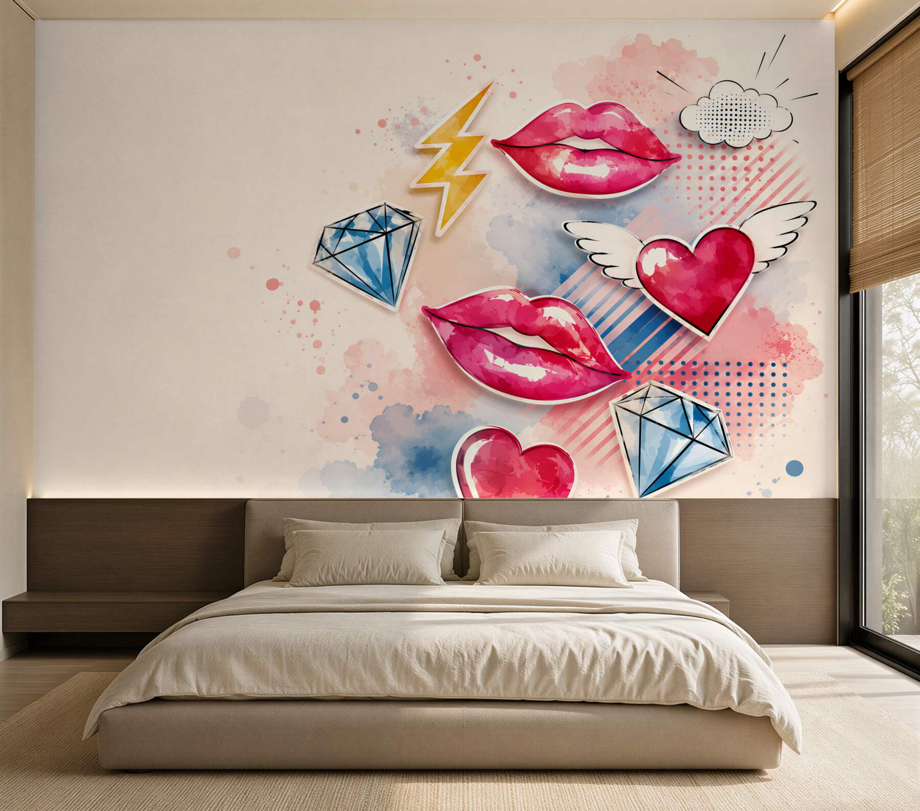 Fototapeta pop art usta serca i diamenty do nowoczesnego pokoju dziewczynki?v2345
