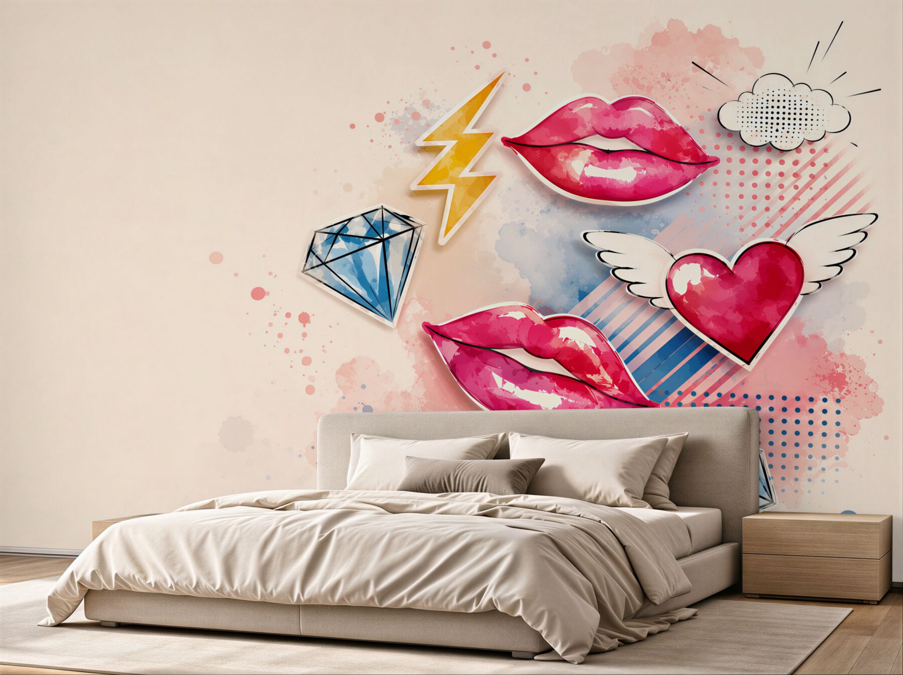 Fototapeta pop art usta serca i diamenty do nowoczesnego pokoju dziewczynki?v2345
