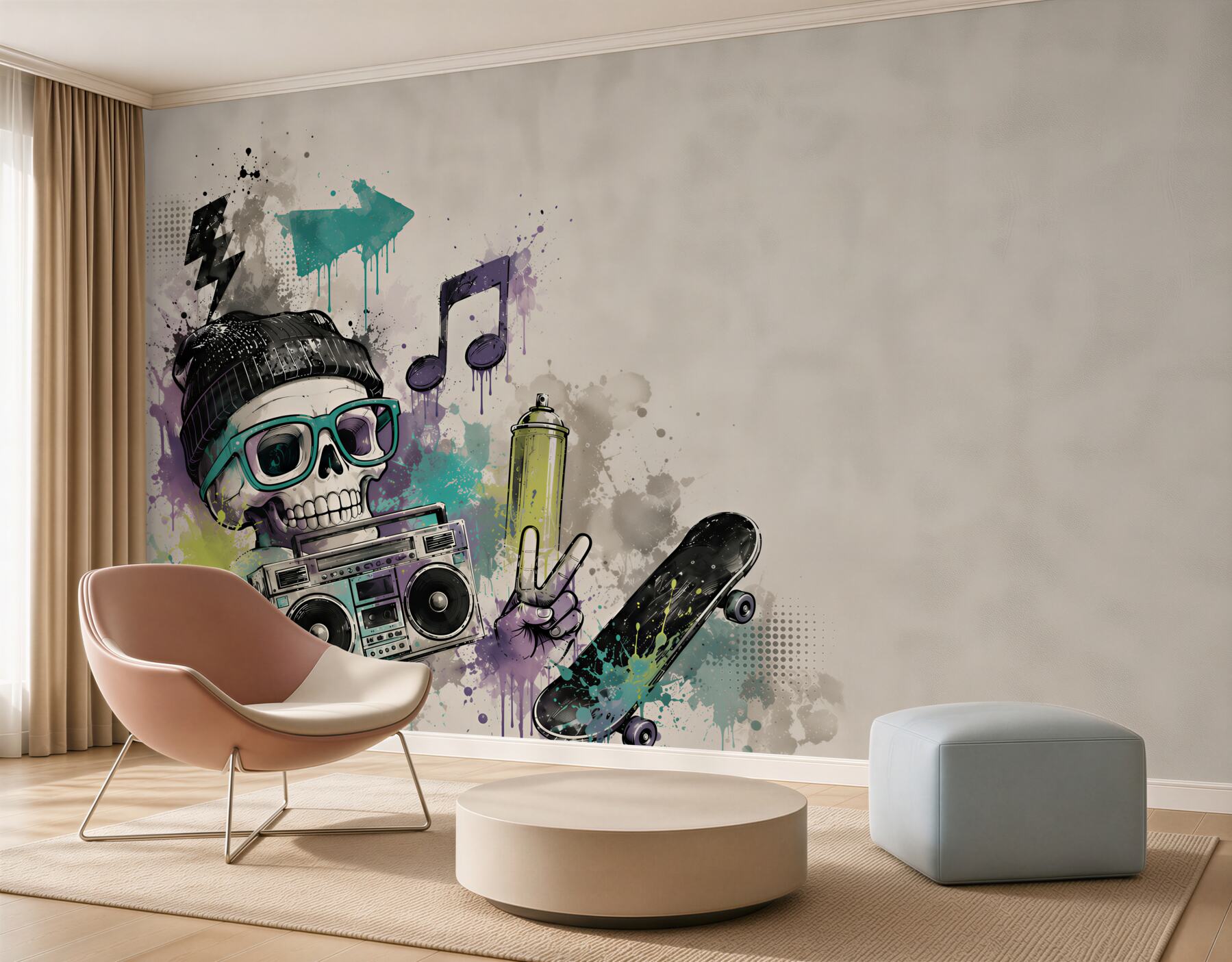 Fototapeta czaszka hipsterska z deskorolką i boomboxem street art?v2345