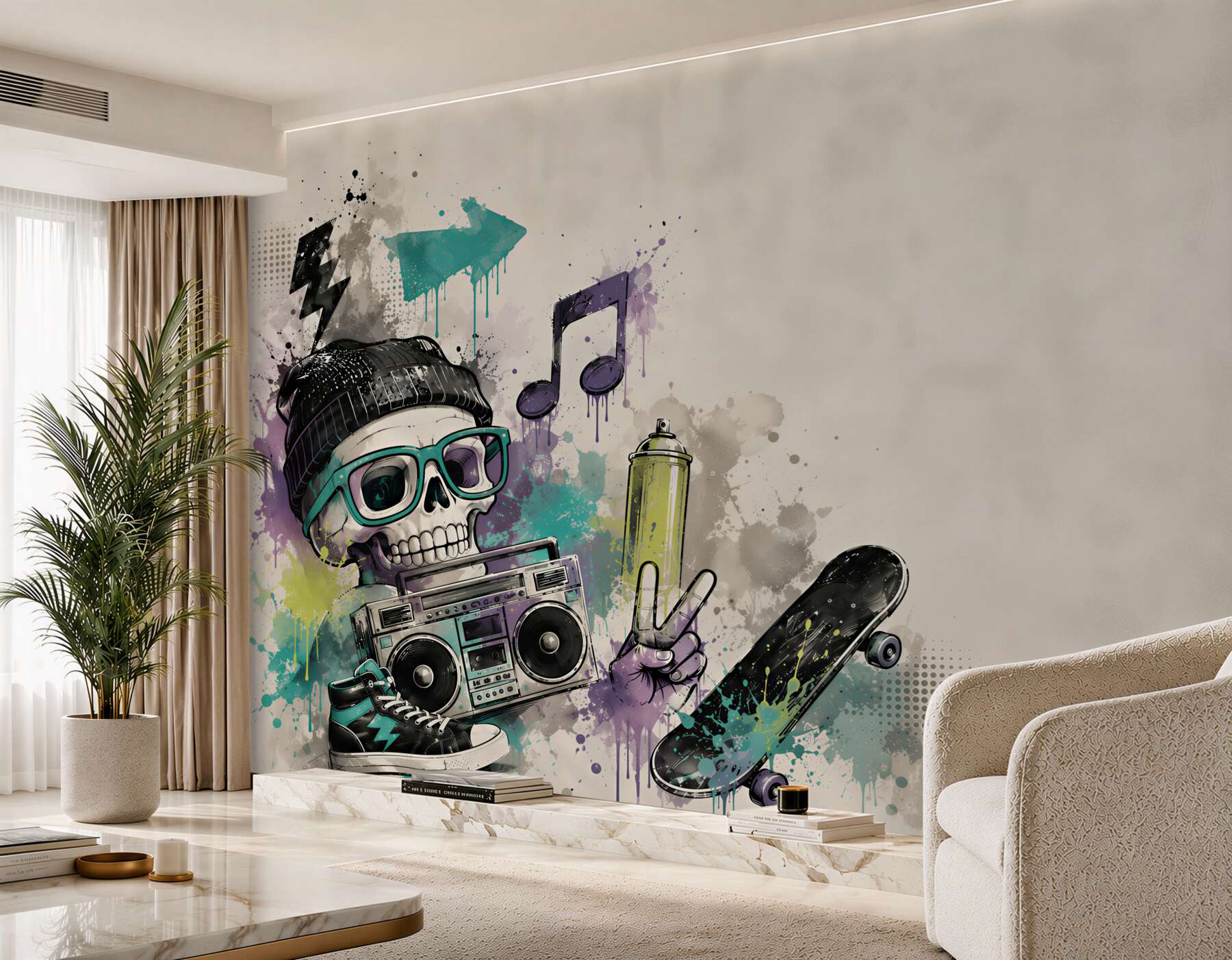 Fototapeta czaszka hipsterska z deskorolką i boomboxem street art?v2345