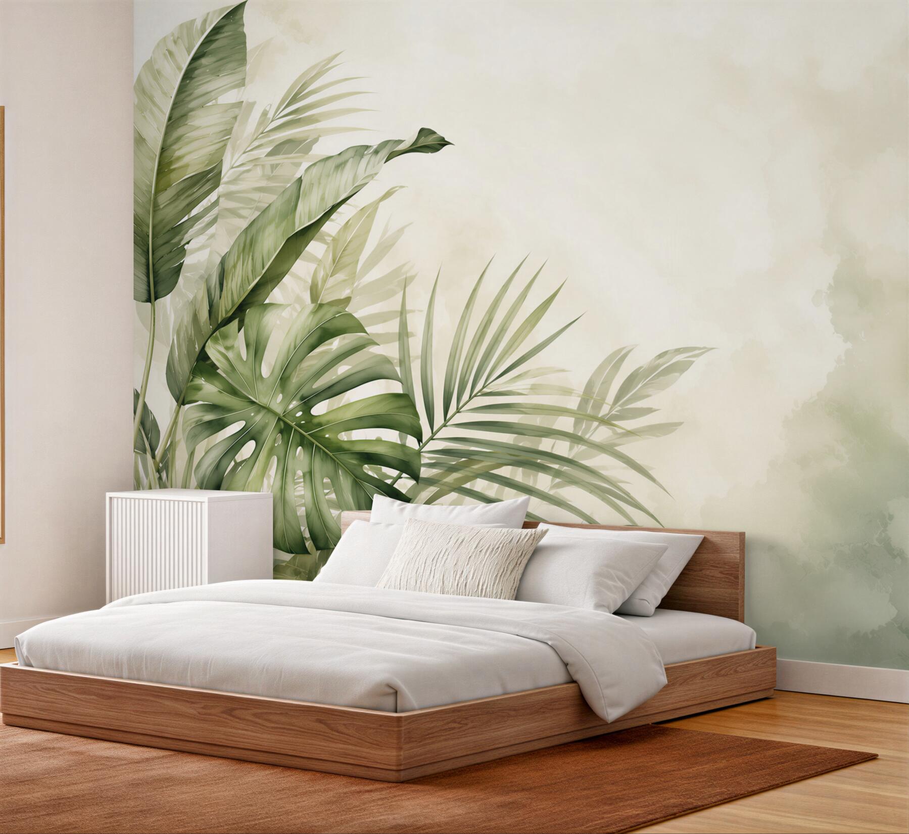 Fototapeta zielone liście tropikalne monstera i palma na jasnym tle