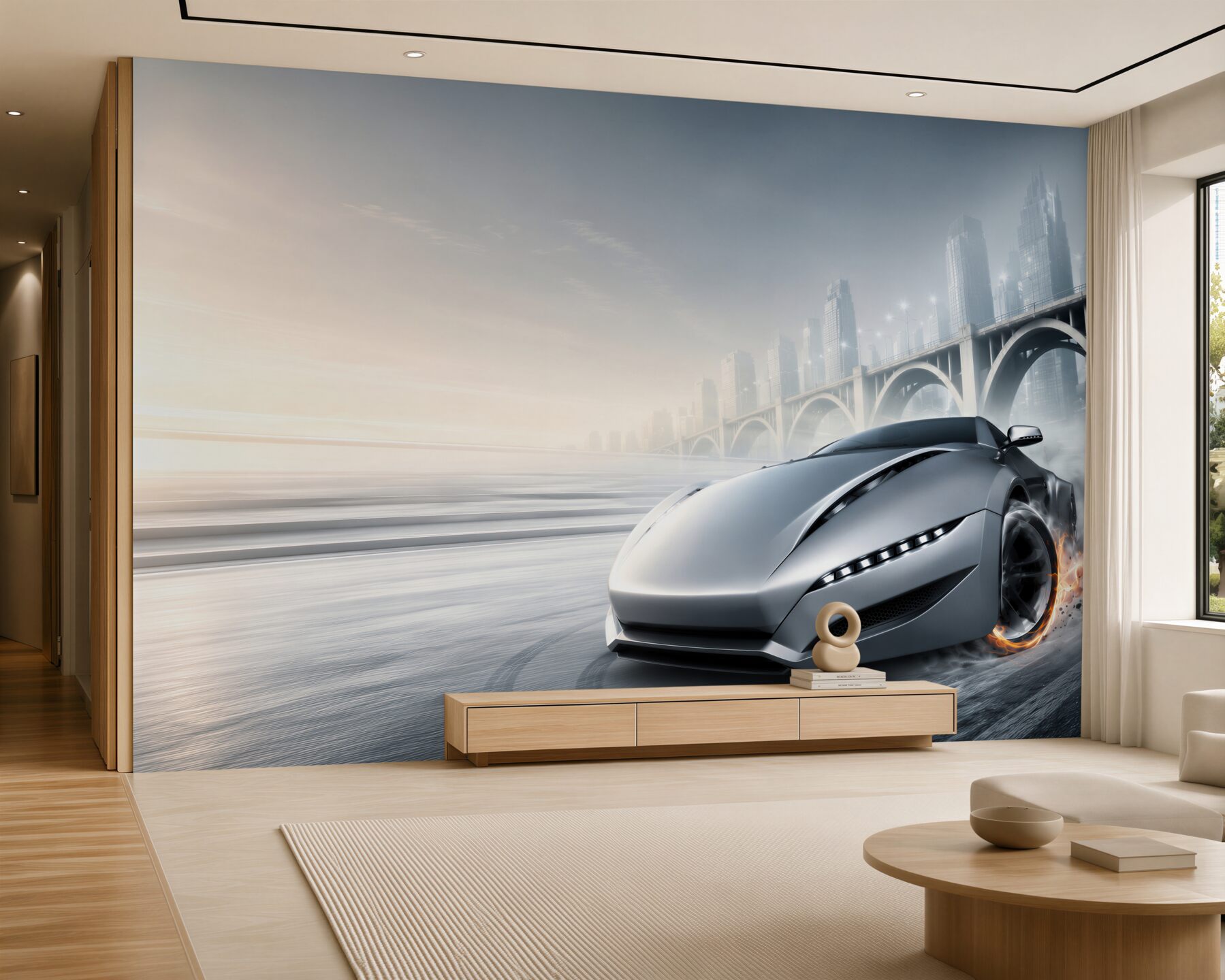 Fototapeta srebrne auto sportowe w nowoczesnym mieście?v2345