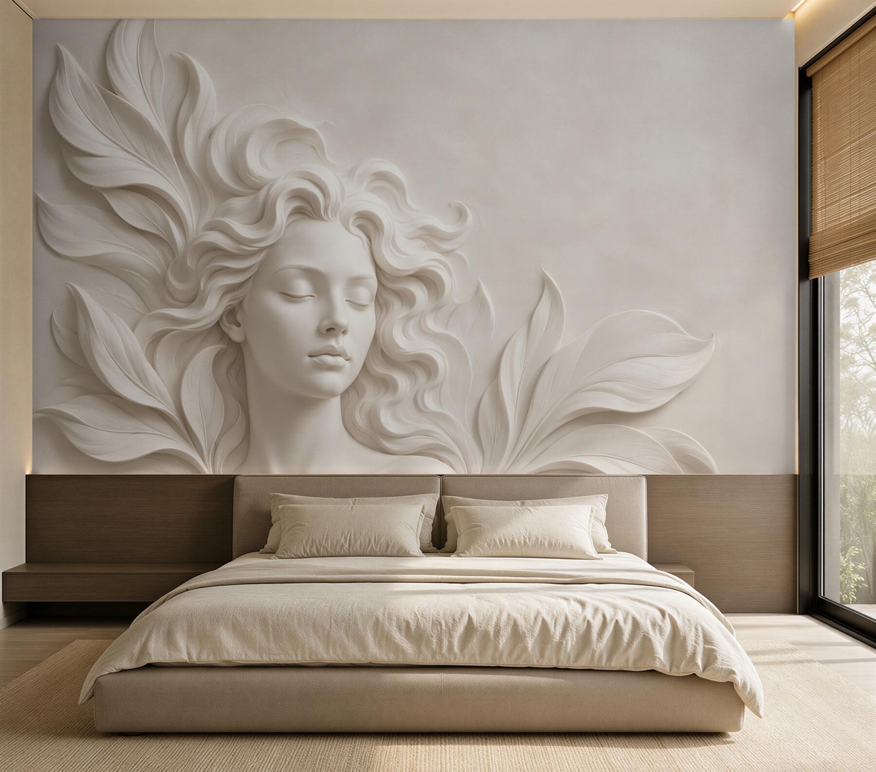 Fototapeta kobiecy portret z liśćmi beżowy subtelny glamour?v2345