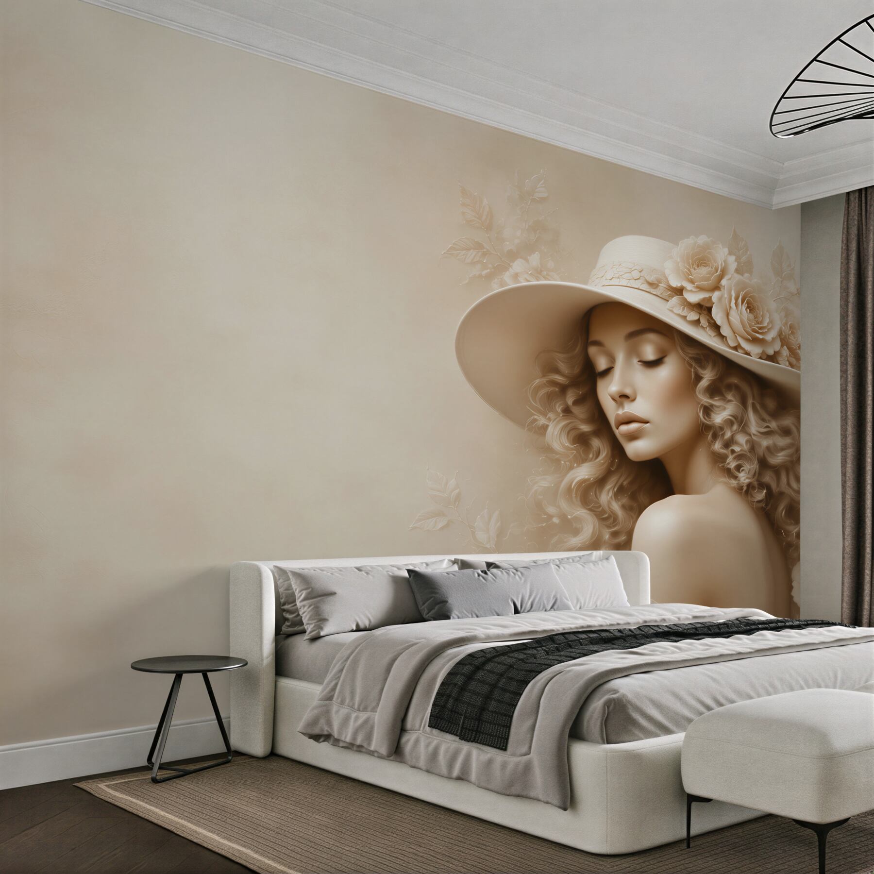 Fototapeta portret kobiety w kapeluszu z różami beżowa elegancka?v2345