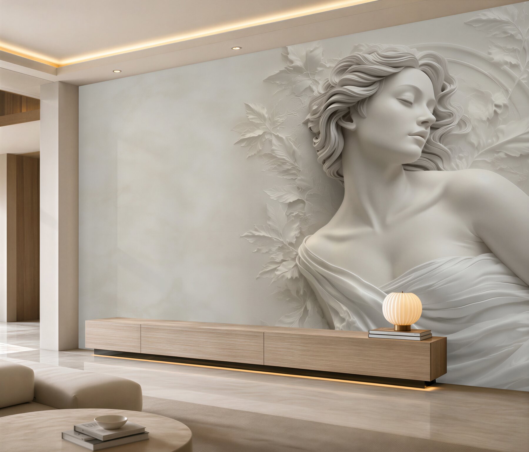 Fototapeta kobieta w białej rzeźbie 3D z liśćmi subtelna elegancja?v2345