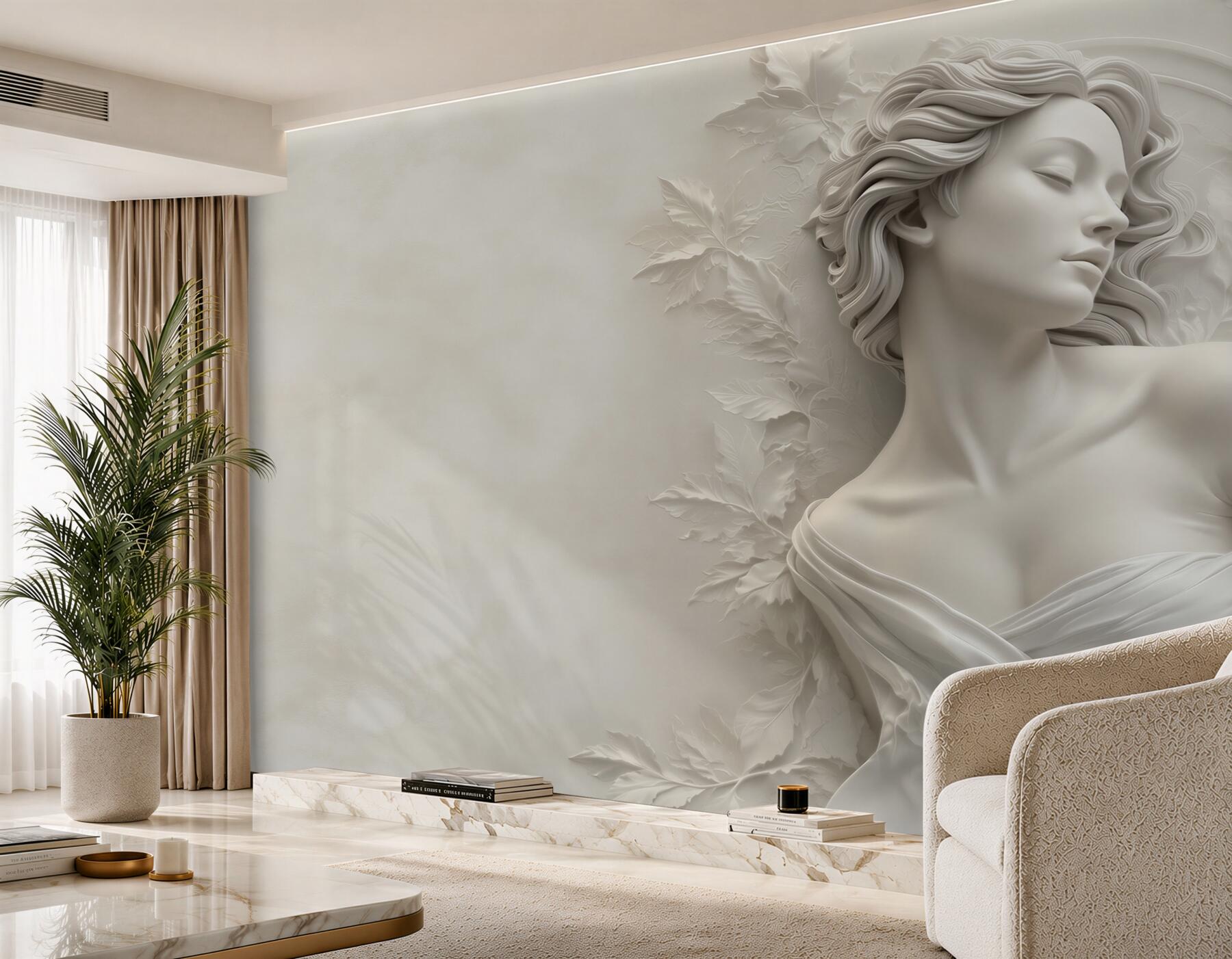 Fototapeta kobieta w białej rzeźbie 3D z liśćmi subtelna elegancja?v2345