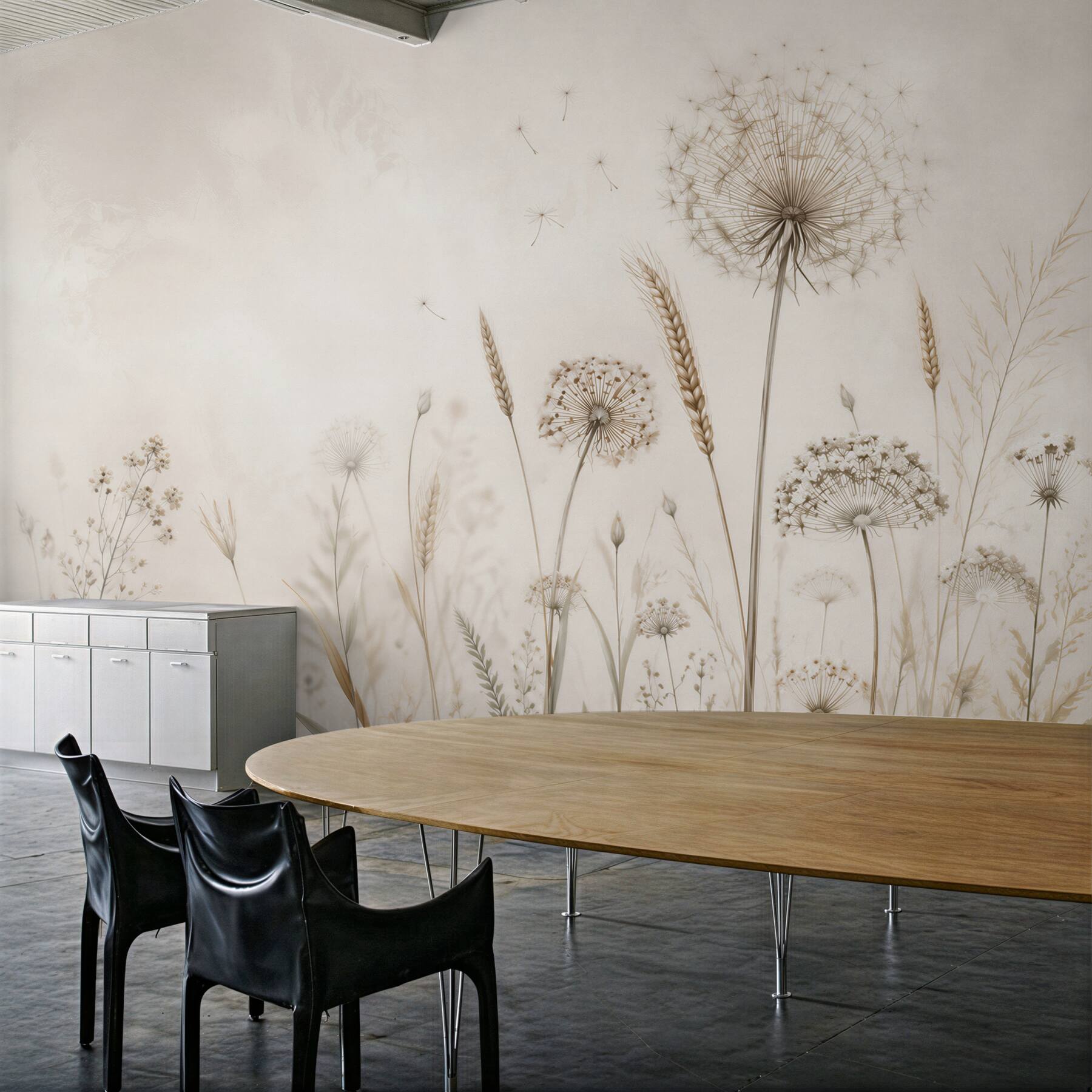Fototapeta dmuchawce i trawy beżowe minimalistyczna łąka do salonu