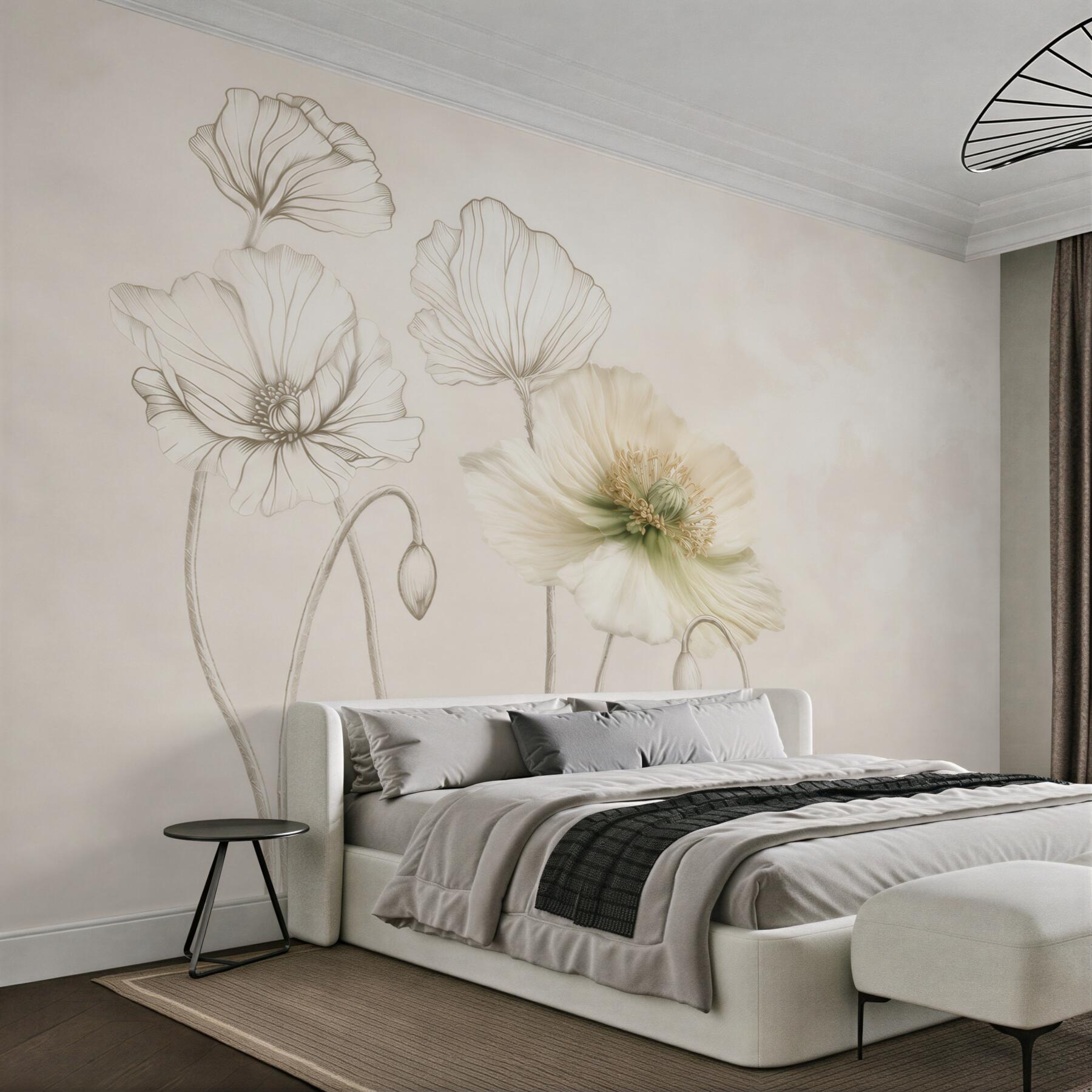 Fototapeta kremowe maki line art na jasnym eleganckim tle?v2345