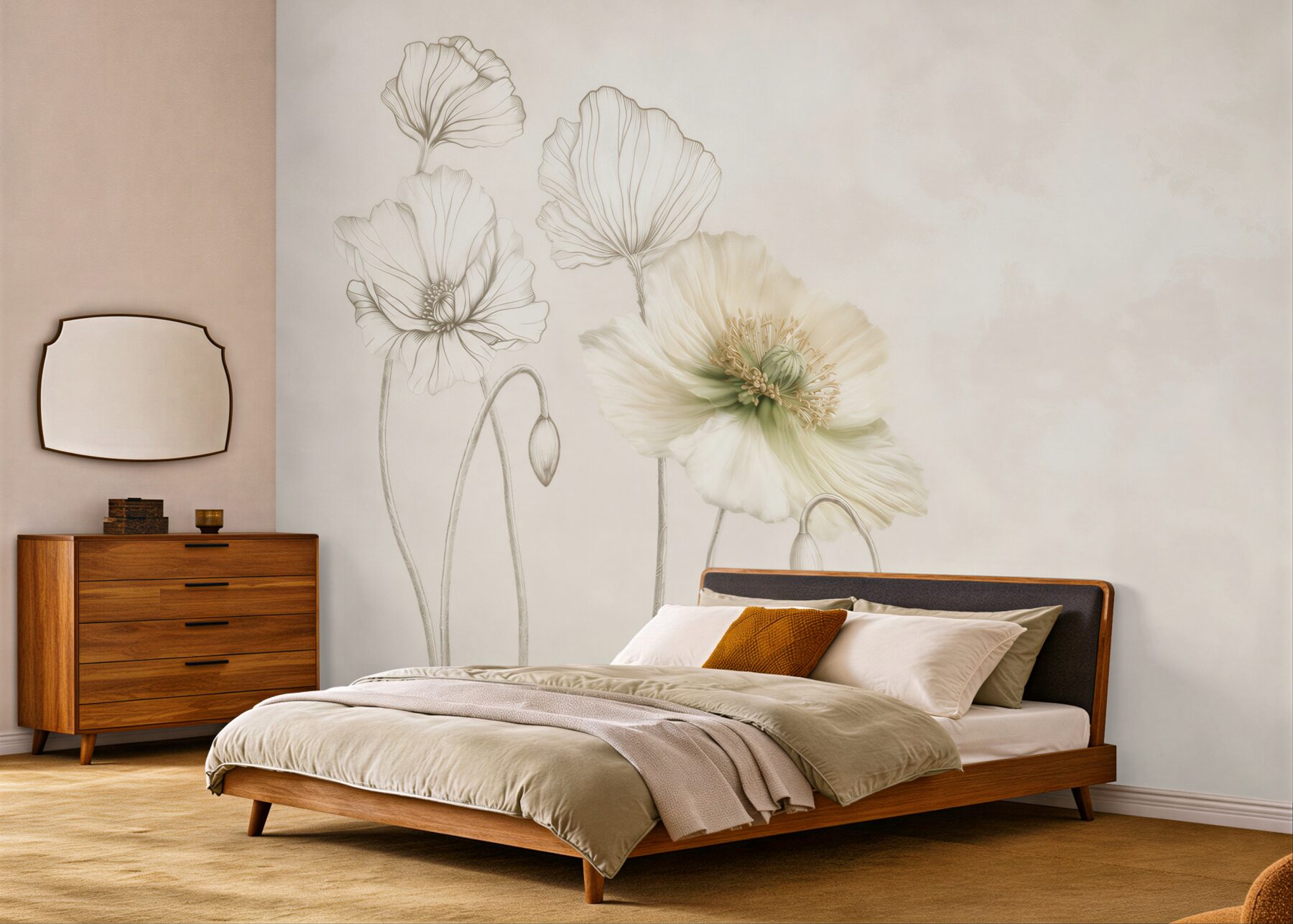 Fototapeta kremowe maki line art na jasnym eleganckim tle?v2345