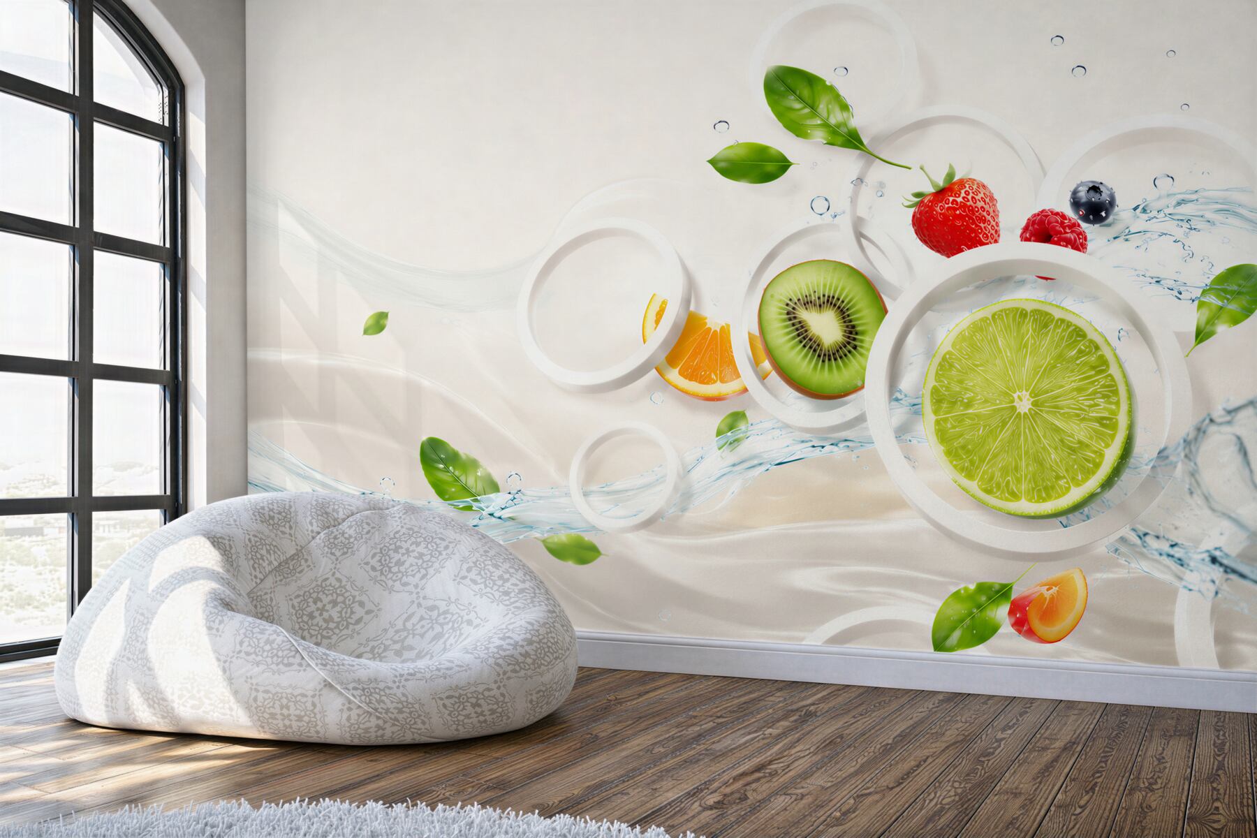 Fototapeta owoce cytrusy kiwi i truskawki z wodą?v2345