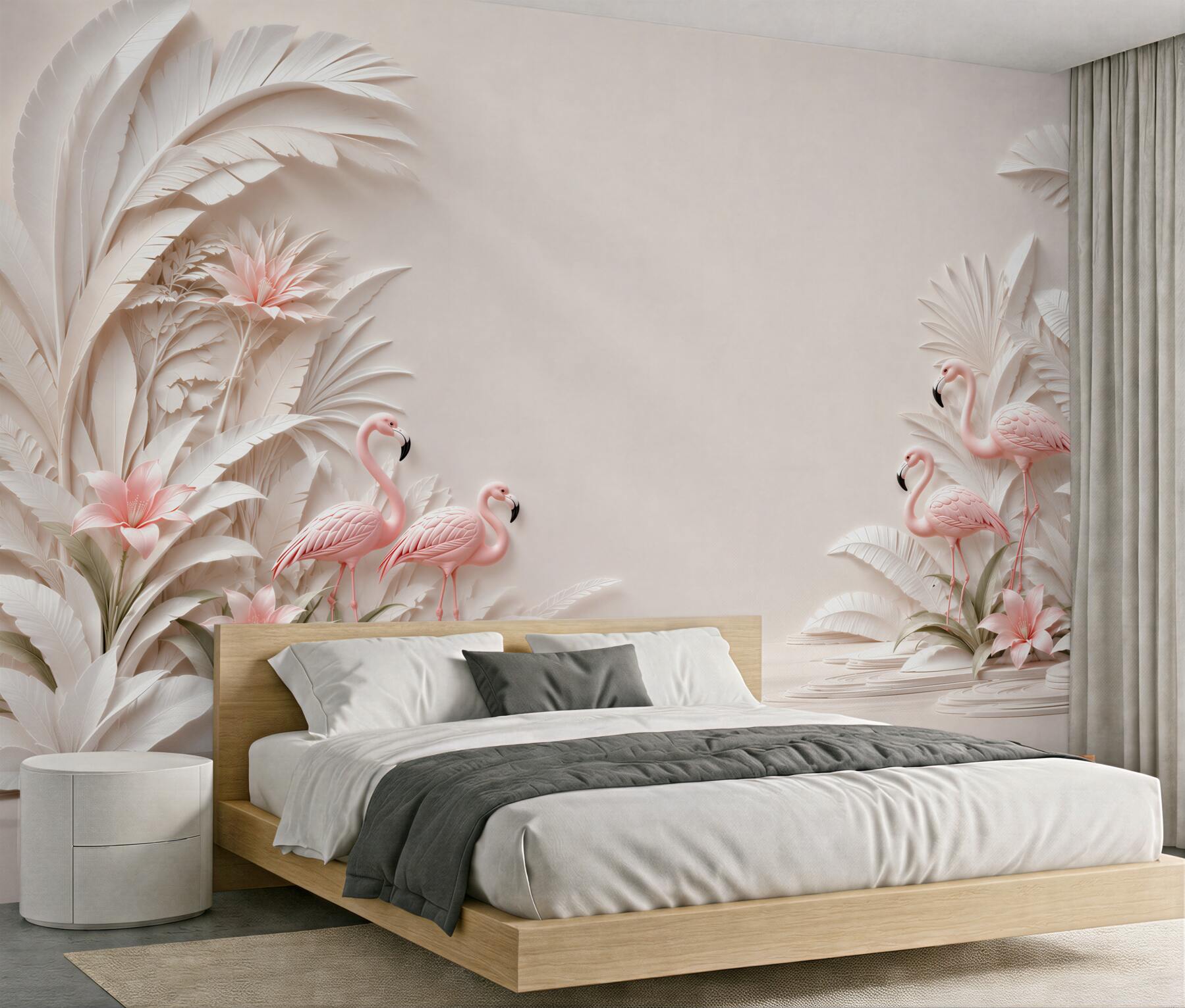 Fototapeta różowe flamingi w tropikalnych liściach pastelowa?v2345