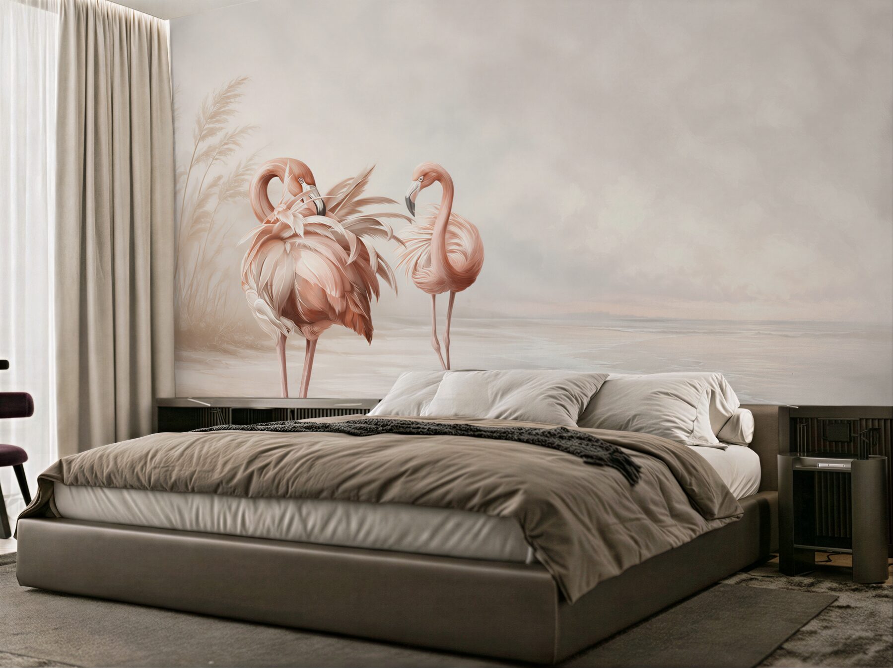 Fototapeta różowe flamingi na spokojnej plaży w pastelowych beżach?v2345