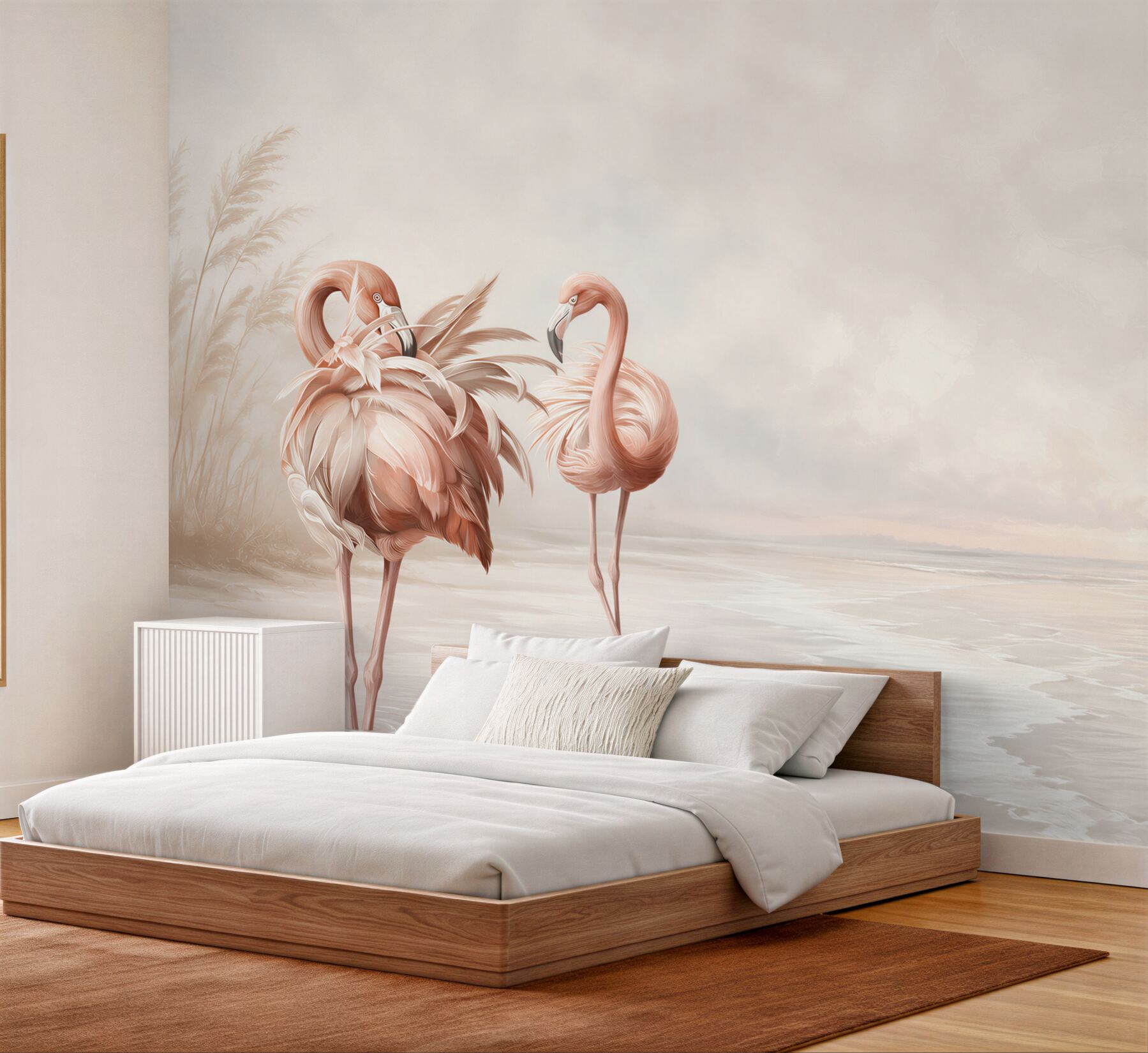 Fototapeta różowe flamingi na spokojnej plaży w pastelowych beżach?v2345