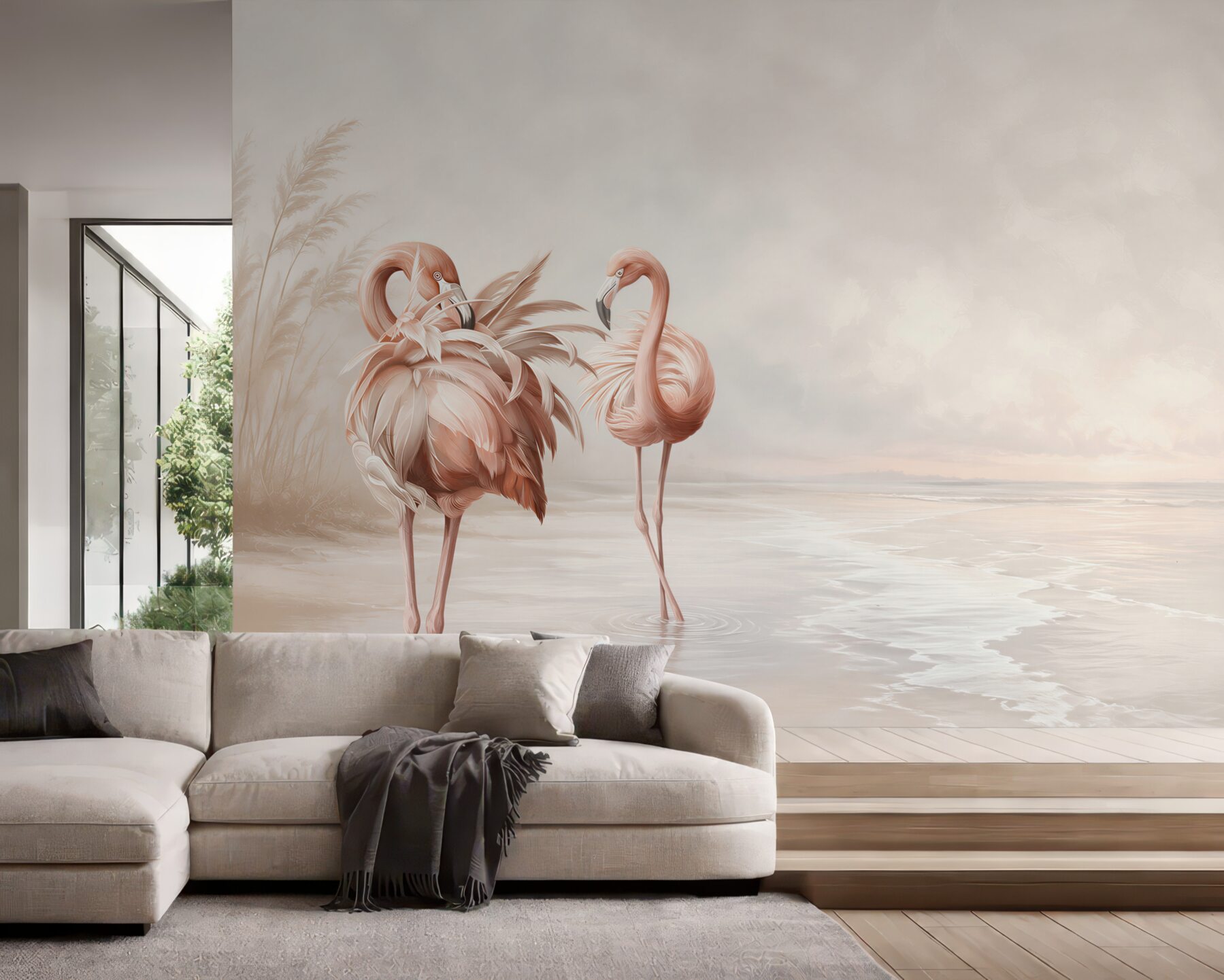 Fototapeta różowe flamingi na spokojnej plaży w pastelowych beżach?v2345