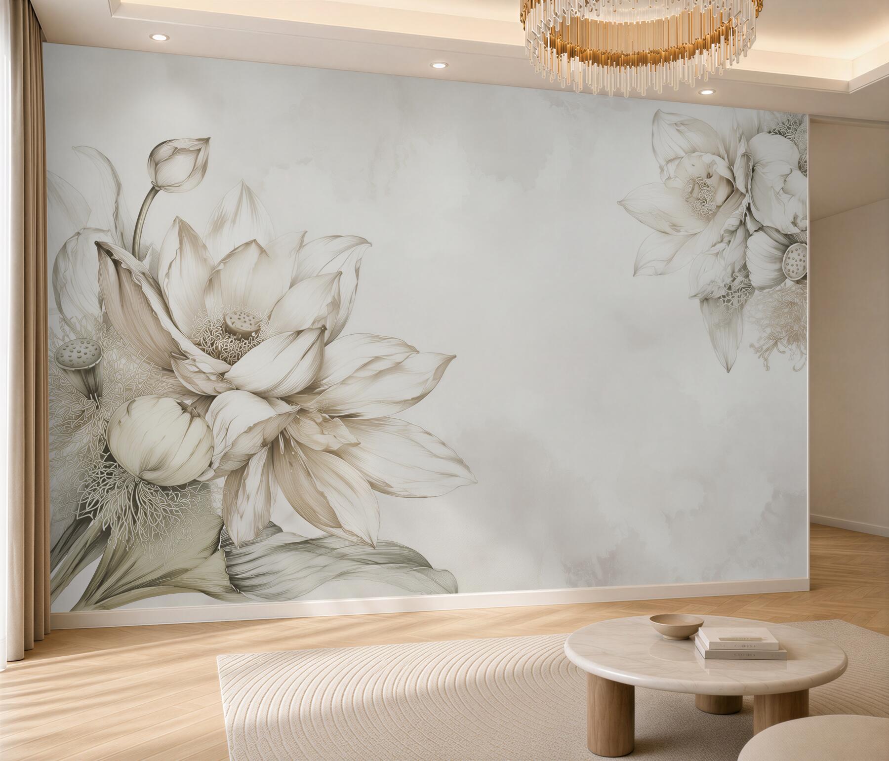 Fototapeta kwiat lotosu line art beżowa subtelna elegancja?v2345