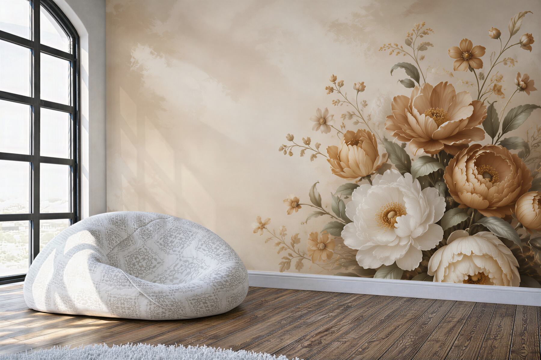 Fototapeta beżowe i białe peonie eleganckie kwiaty do salonu?v2345
