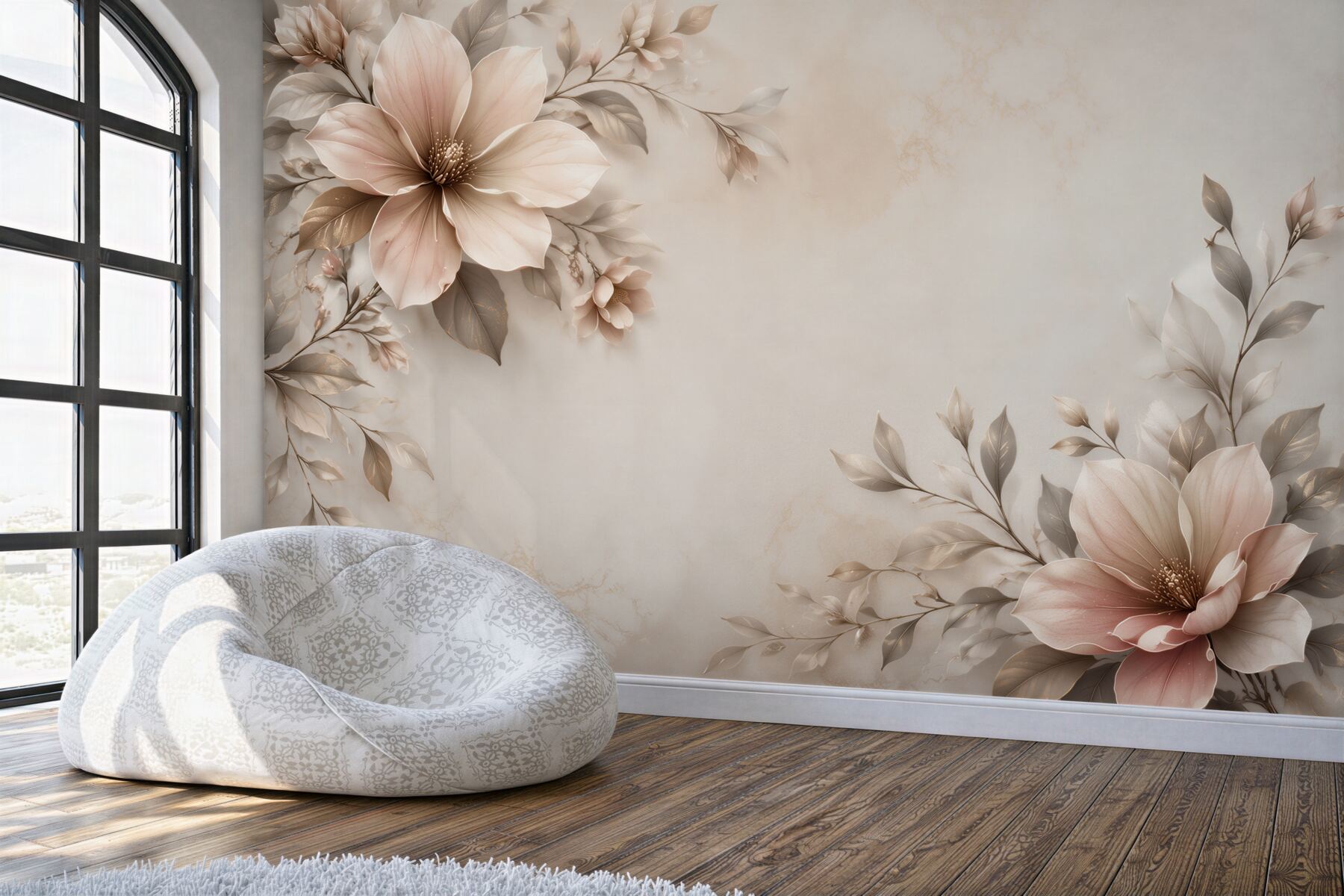 Fototapeta beżowe magnolie z liśćmi na marmurkowym tle elegancka?v2345
