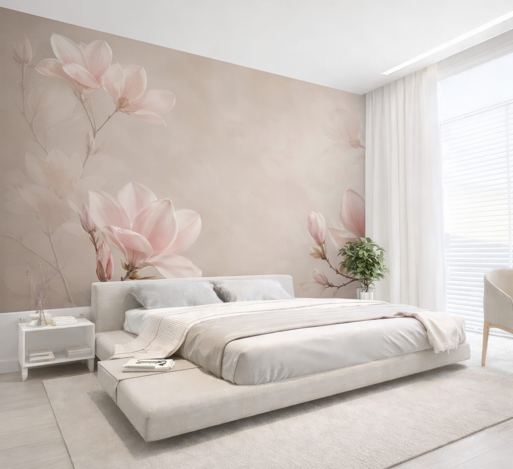 Fototapeta magnolie pudroworóżowe na beżowym tle do eleganckiej sypialni?v2345