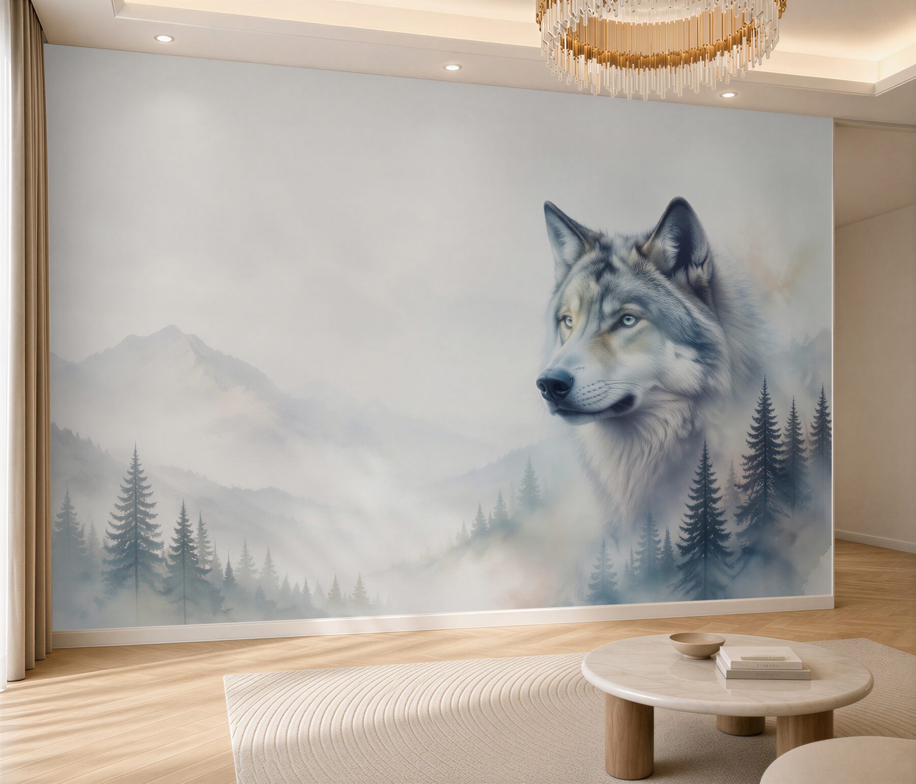 Fototapeta wilk w górskiej mgle z lasem w chłodnych szarościach?v2345