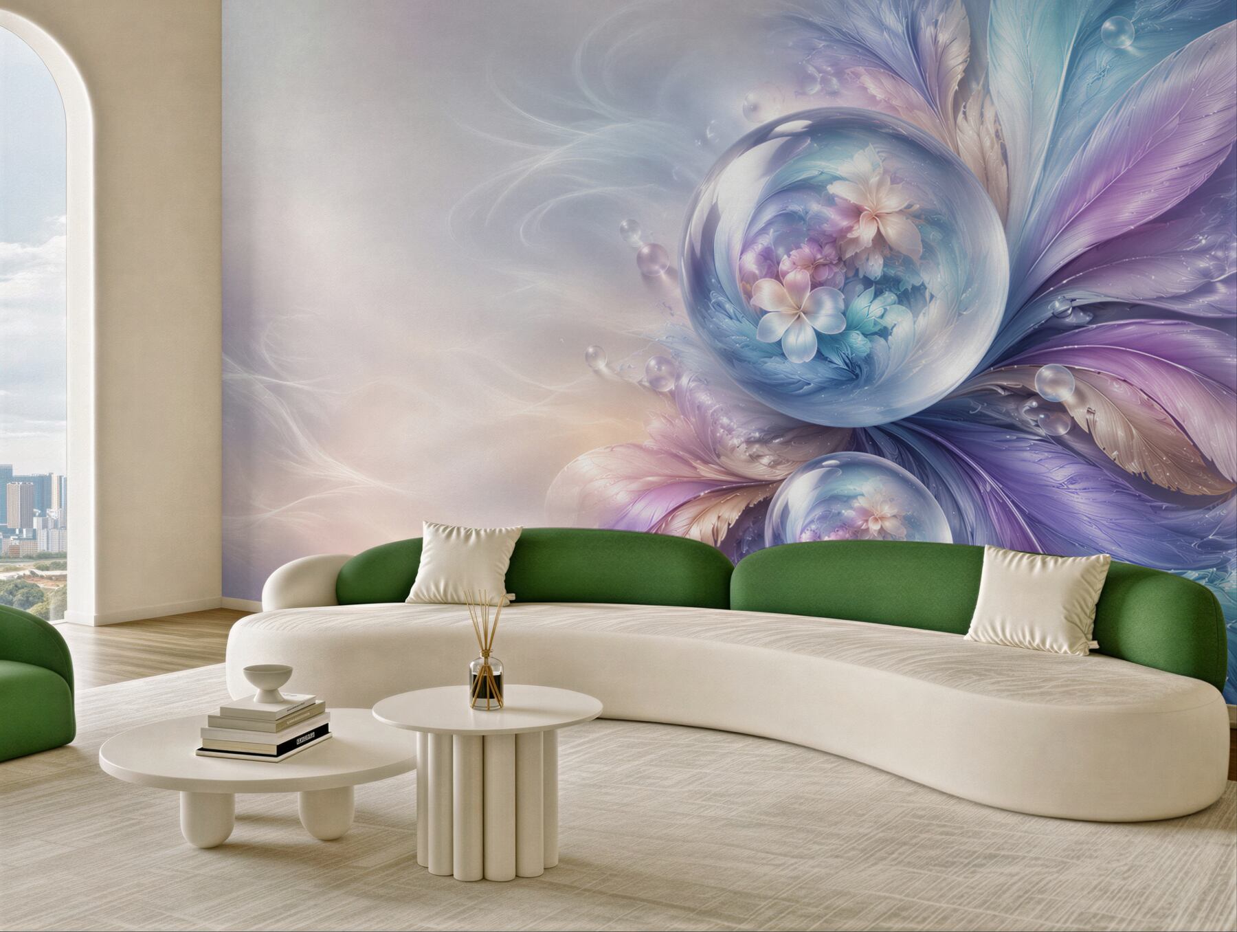 Fototapeta abstrakcyjne pióra i szklane kule pastelowa fantasy?v2345