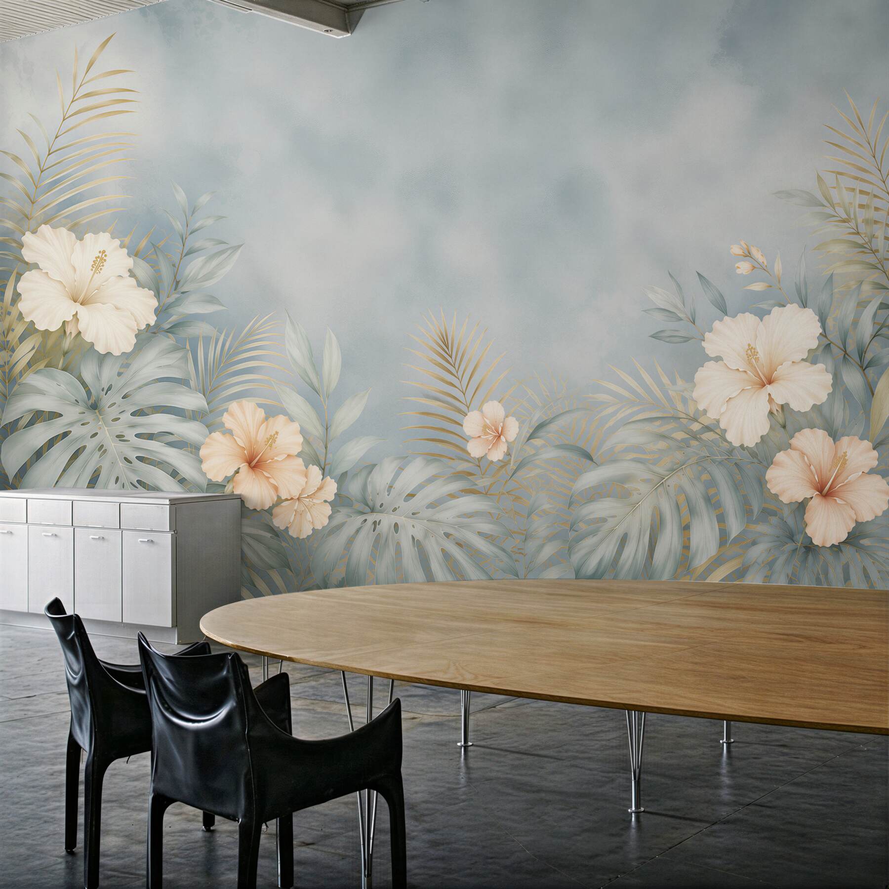 Fototapeta hibiskusy i liście tropikalne błękitno beżowa elegancka