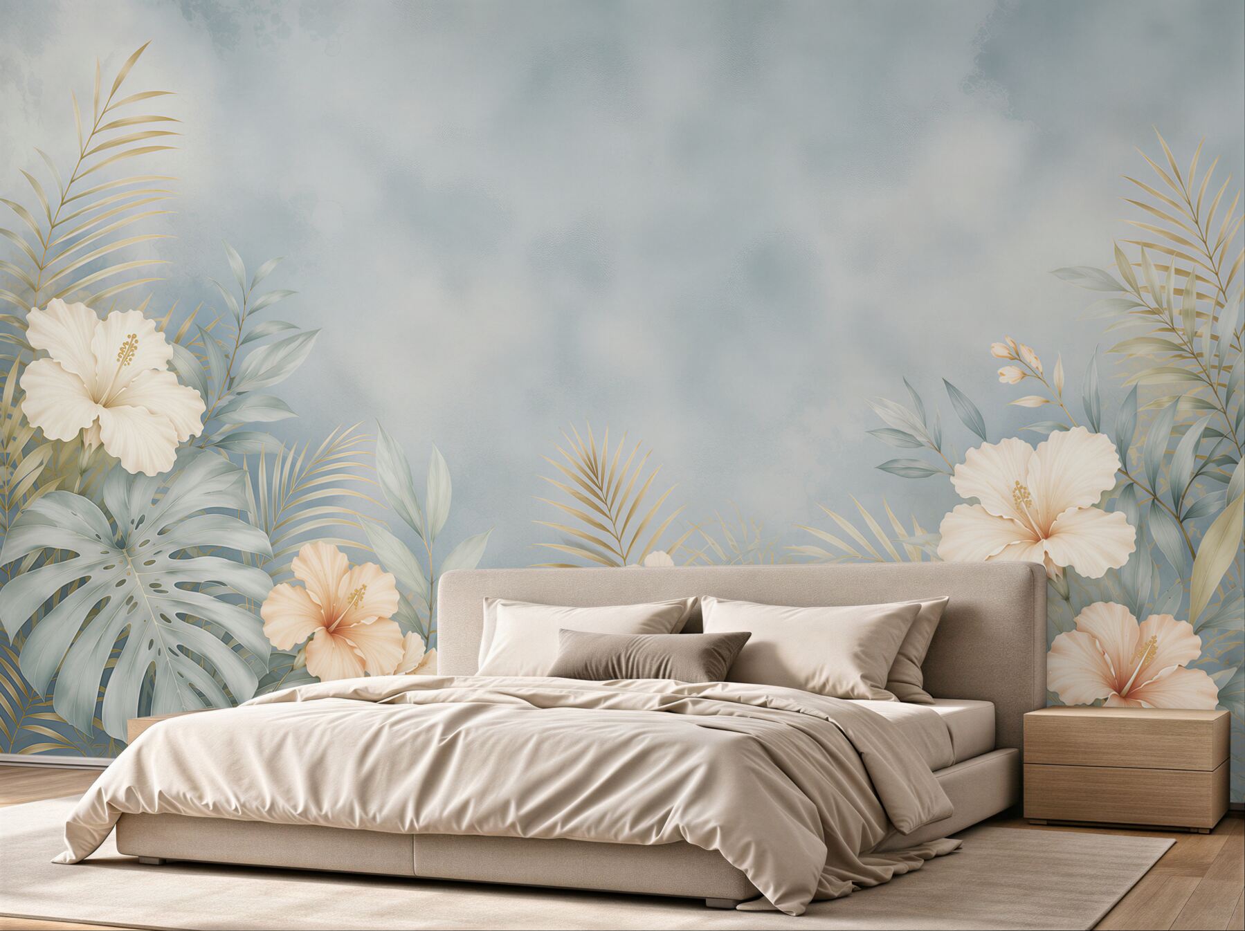 Fototapeta hibiskusy i liście tropikalne błękitno beżowa elegancka?v2345