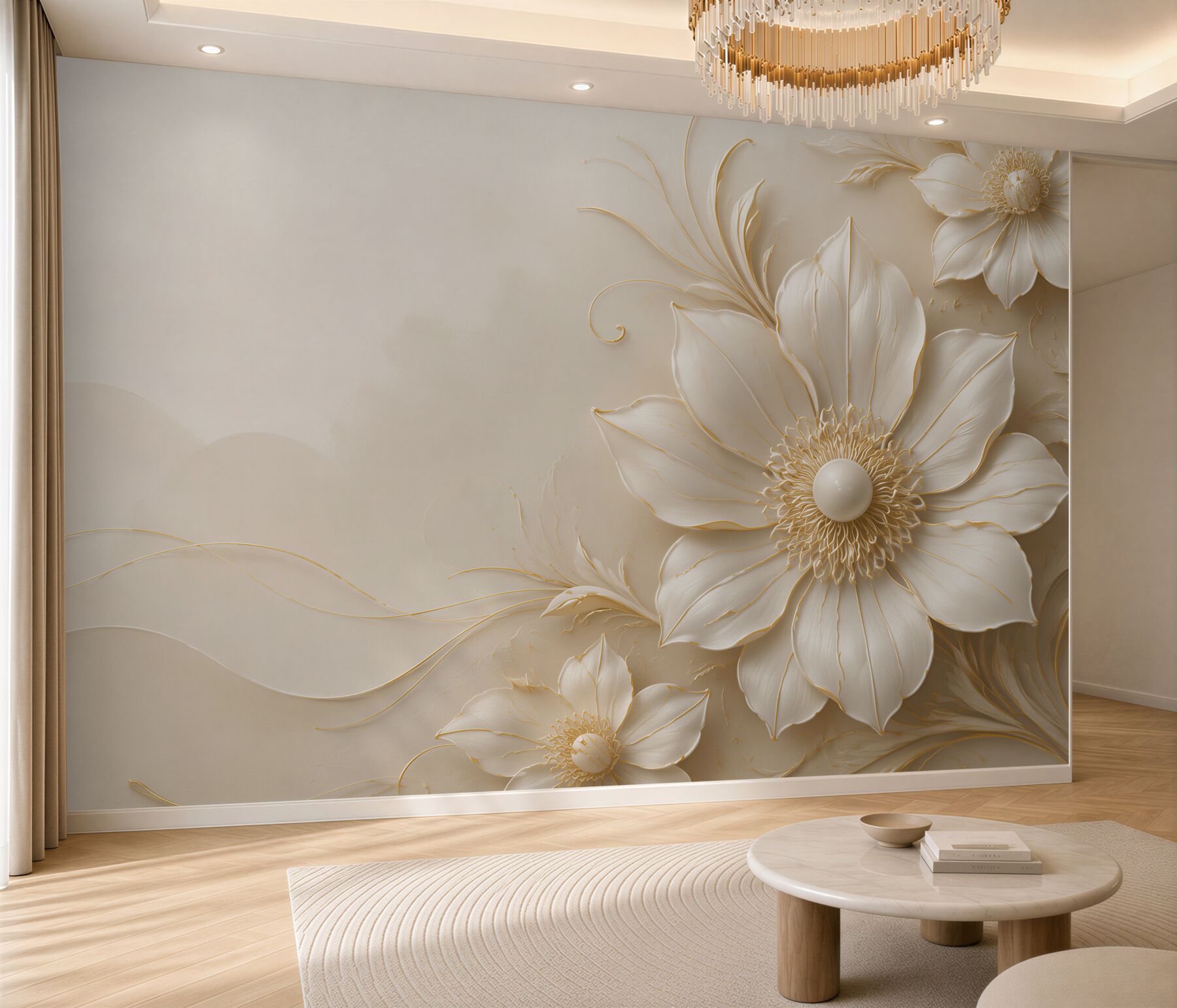 Fototapeta kremowe kwiaty 3D ze złotymi liniami elegancka?v2345