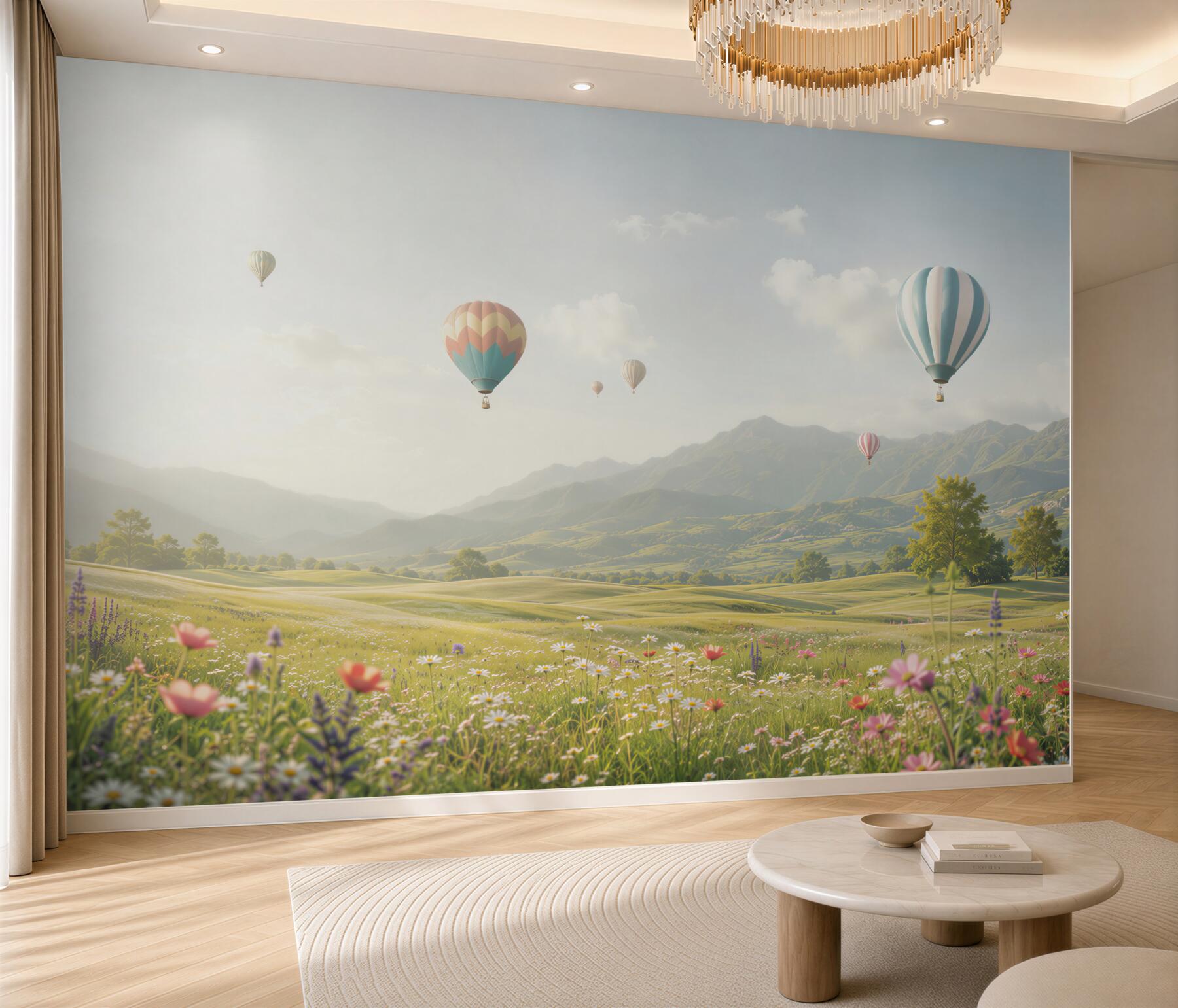 Fototapeta balony nad górską łąką pastelowy krajobraz?v2345