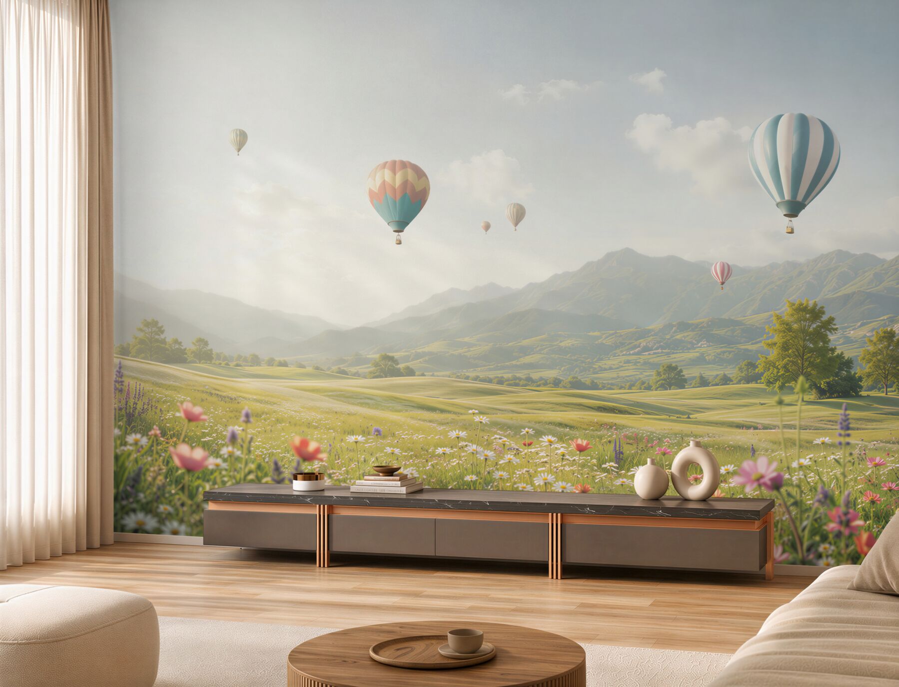 Fototapeta balony nad górską łąką pastelowy krajobraz?v2345