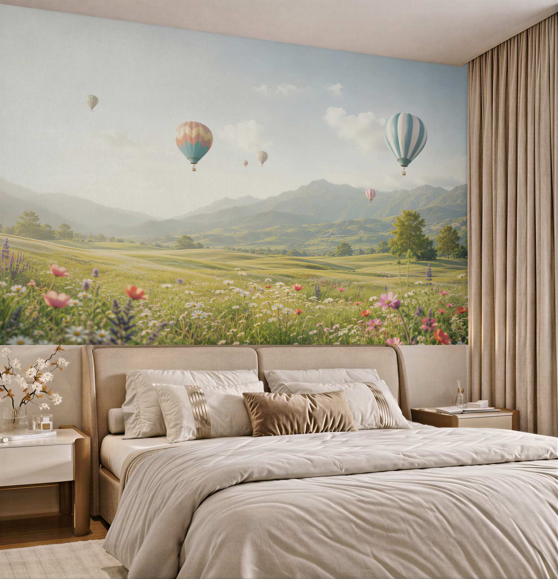 Fototapeta balony nad górską łąką pastelowy krajobraz?v2345