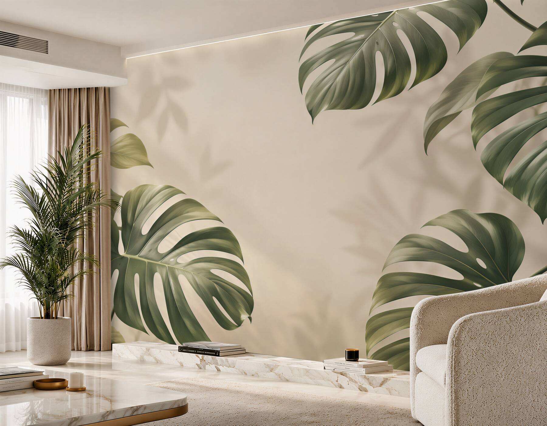 Fototapeta liście monstery zielone na beżowym tle w stylu tropical