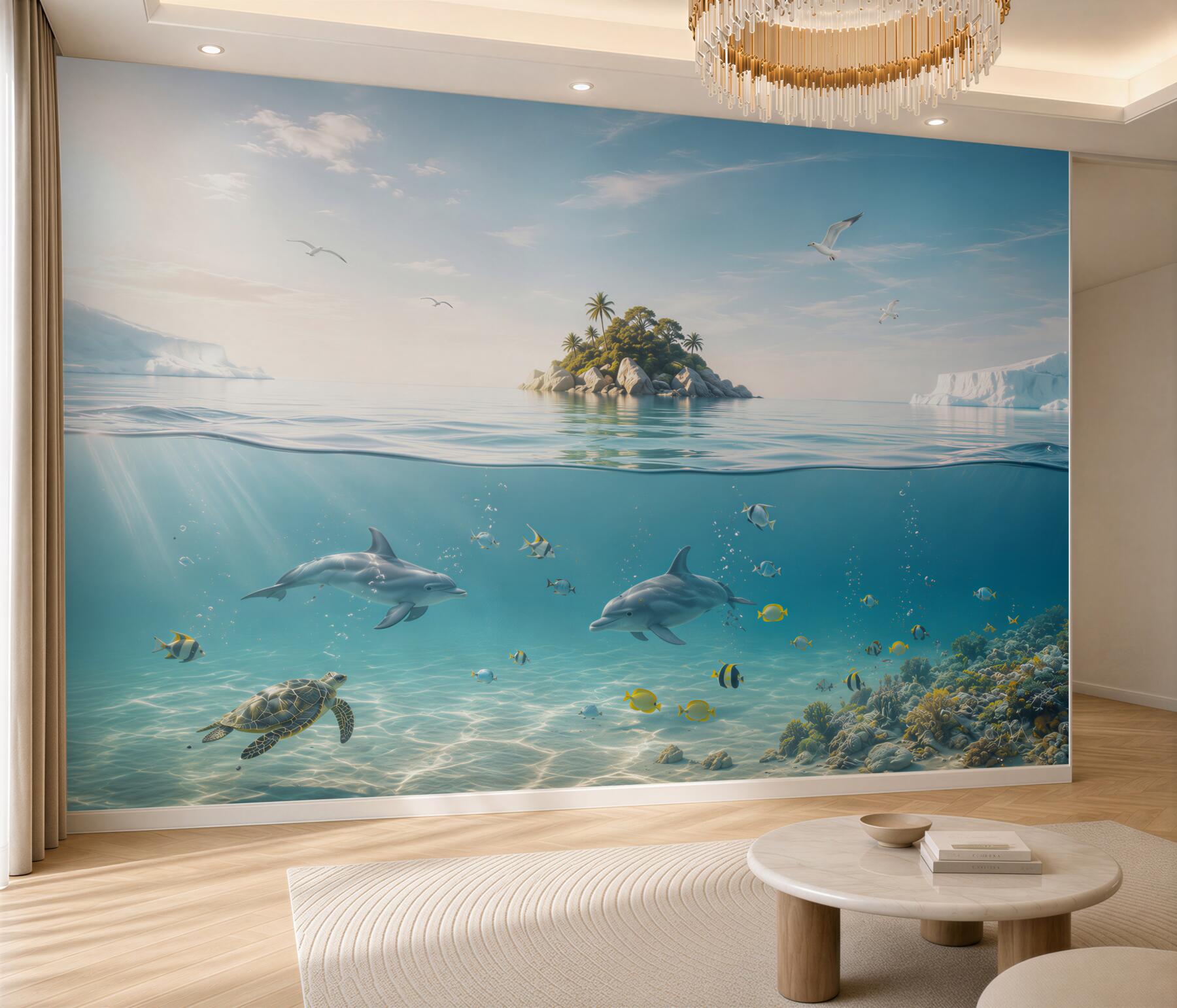 Fototapeta delfiny i żółw w turkusowym oceanie z tropikalną wyspą?v2345